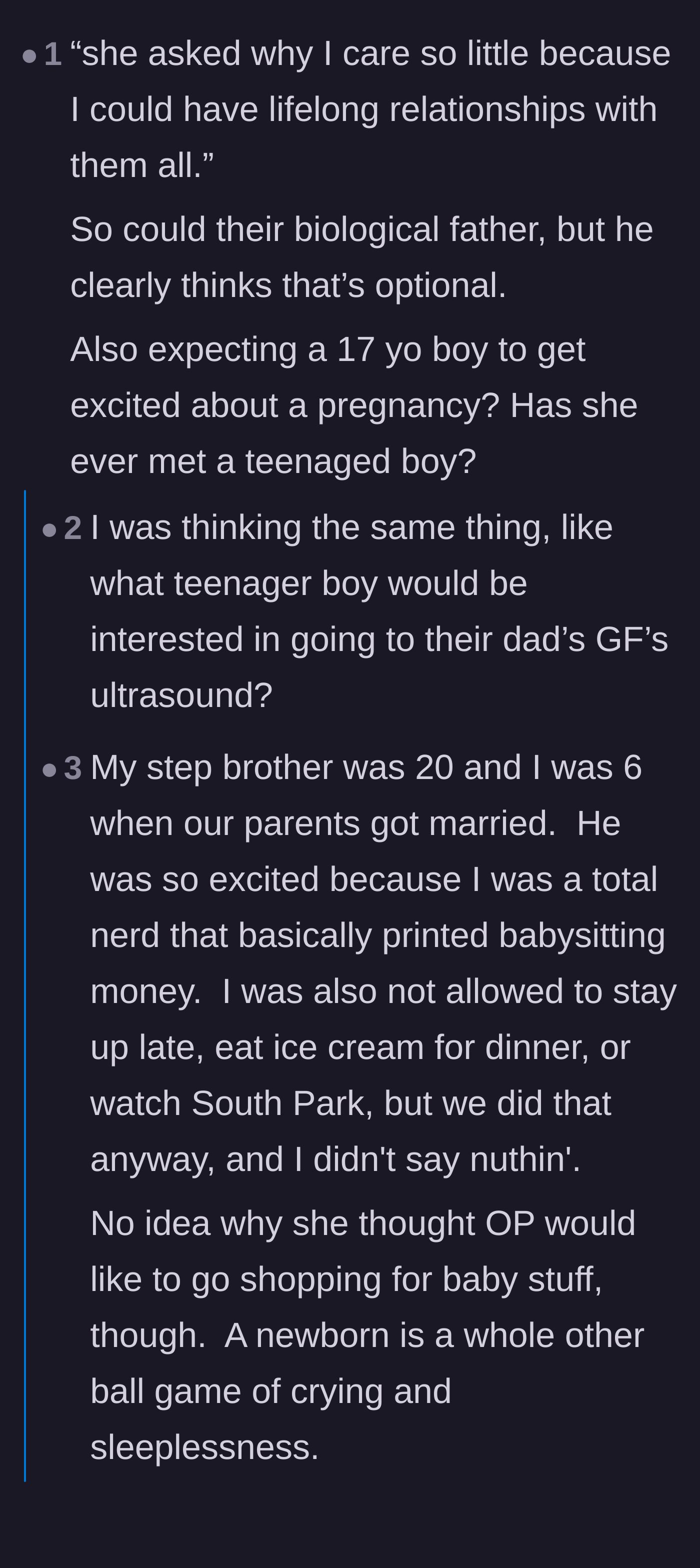 Commenters discuss the absurdity of expecting a teenage boy to attend baby scans and how the girlfriend is projecting her absent partner's duties onto the son.