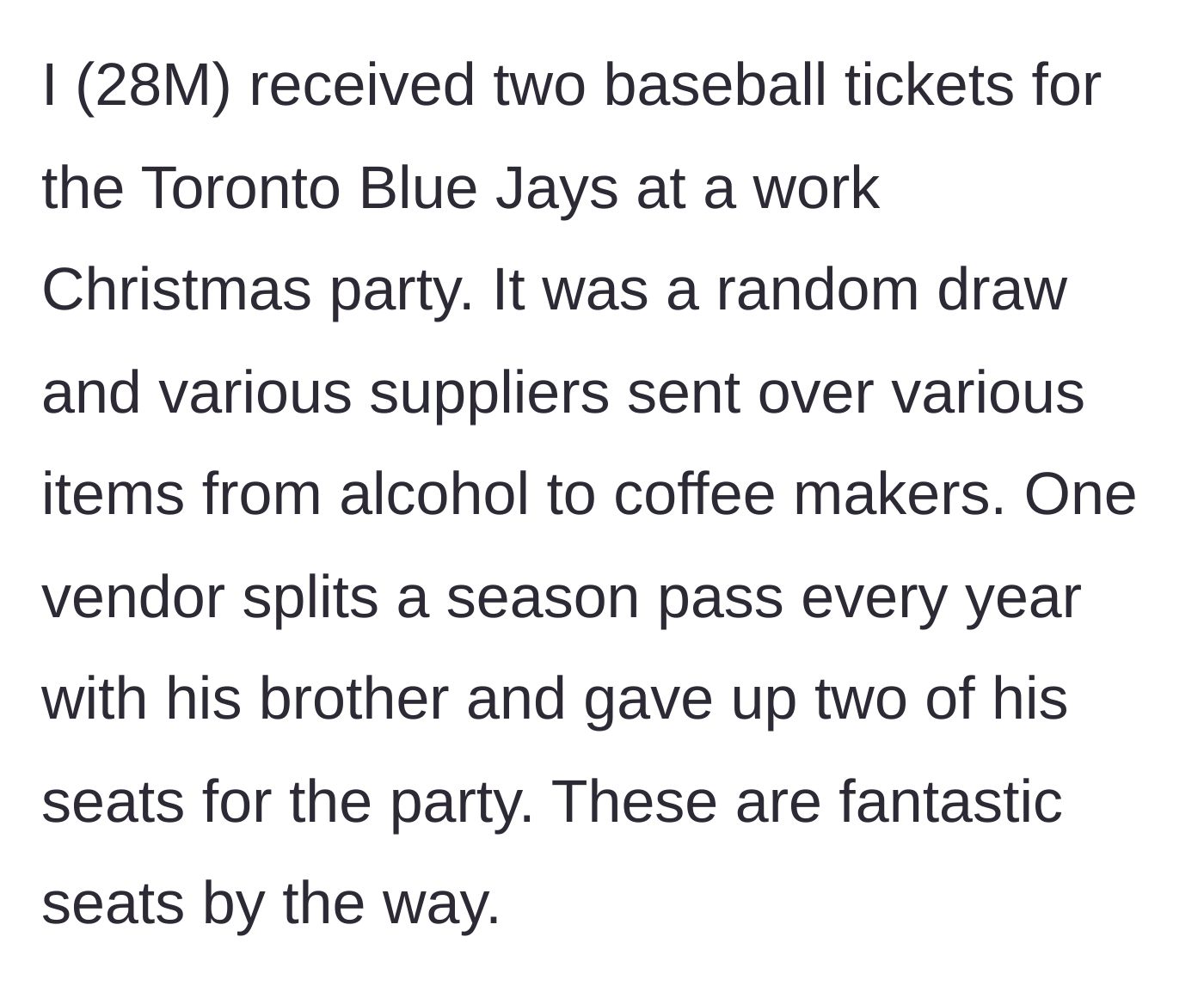 Story part 1 - Winning the random draw for premium Blue Jays tickets at the work Christmas party