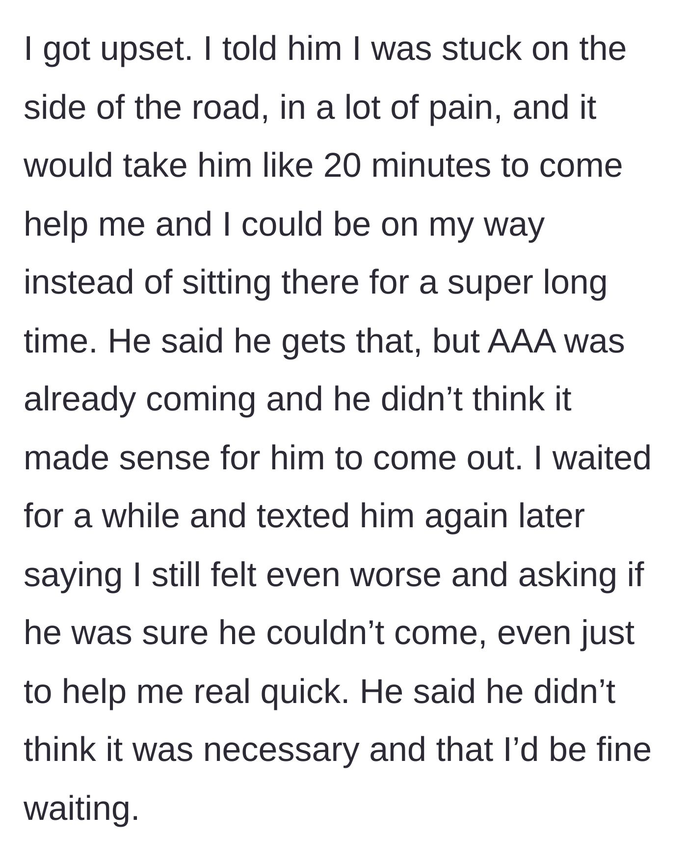 Story part 3 - A woman crying in her dark car, texting her boyfriend for help one last time while stranded on the road.
