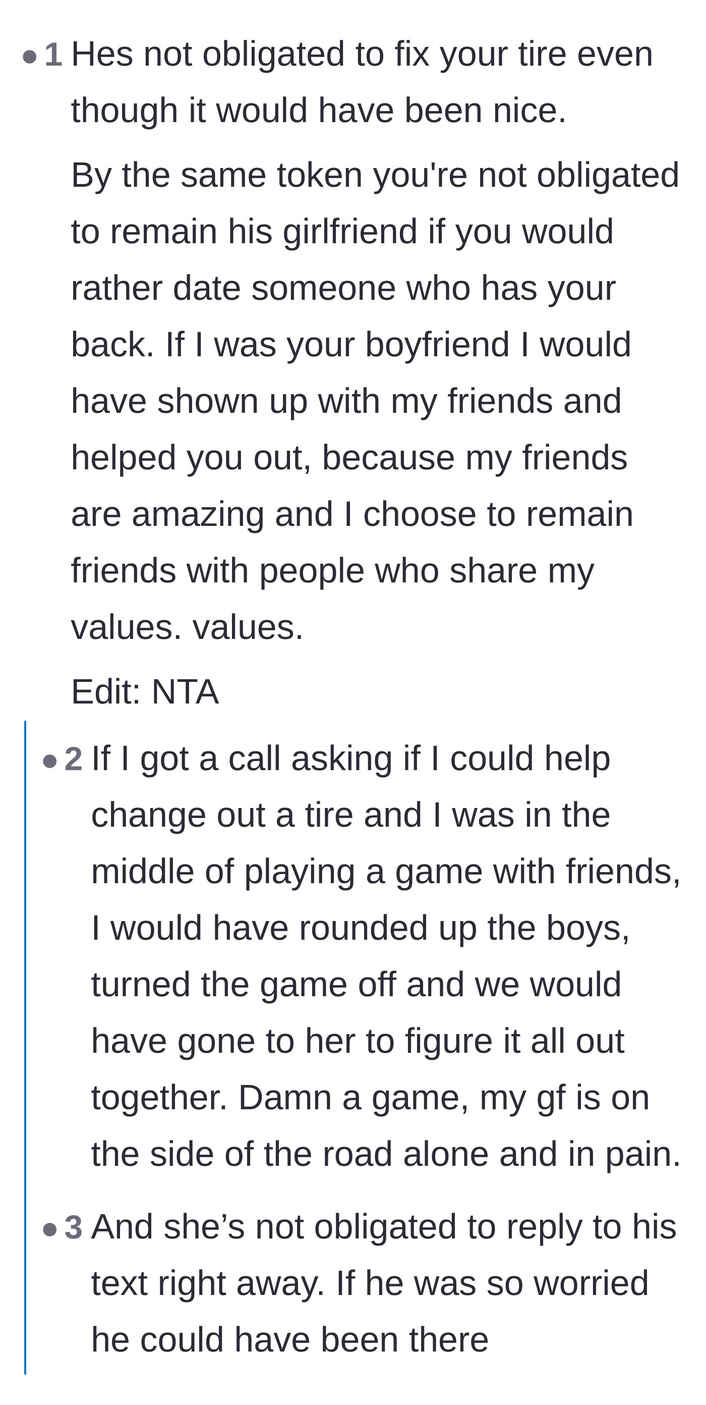 Comment thread 1 - Discussing how a supportive partner would have brought his friends to help her
