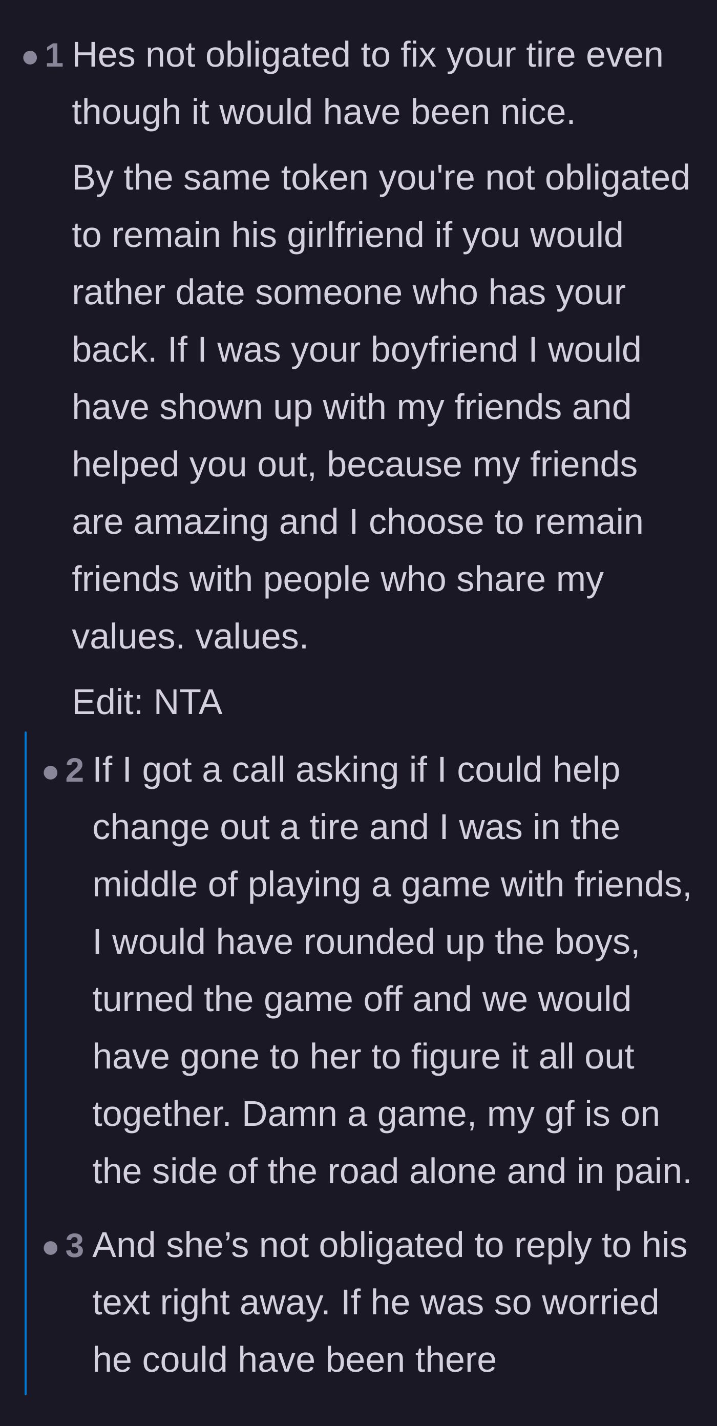 Comment thread 1 - Discussing how a supportive partner would have brought his friends to help her