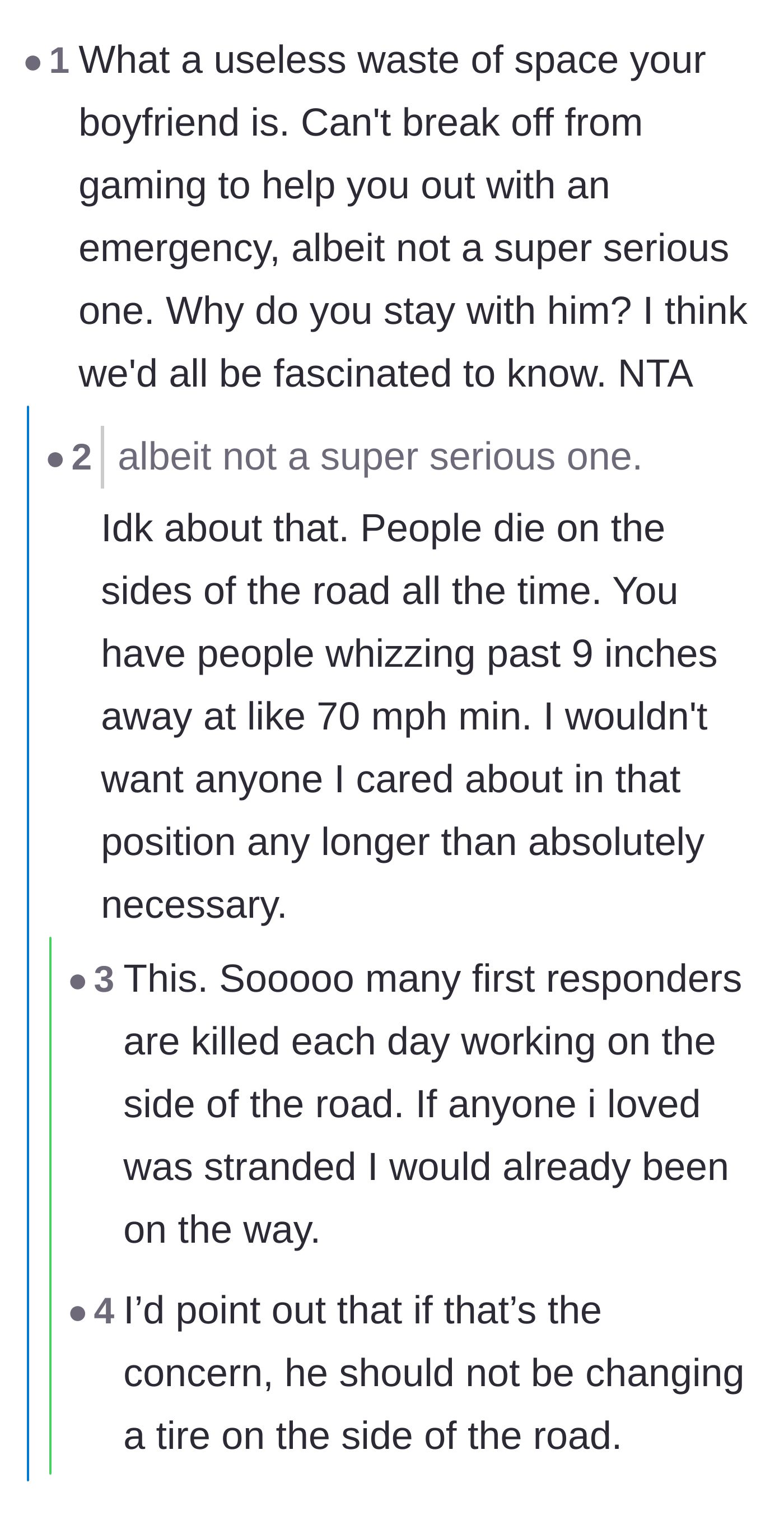 Comment thread 4 - Highlighting the genuine physical danger of being stranded on the side of a highway
