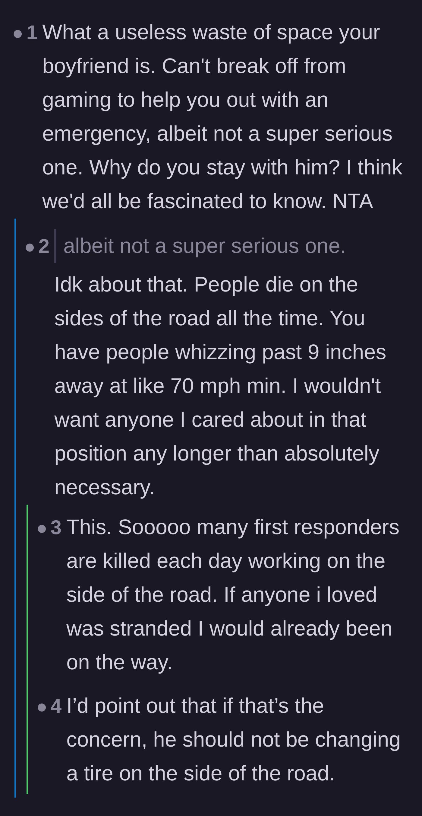 Comment thread 4 - Highlighting the genuine physical danger of being stranded on the side of a highway