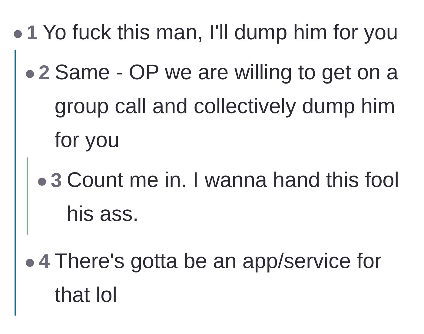 Comment thread 5 - Strangers offering to group call and dump the boyfriend on her behalf