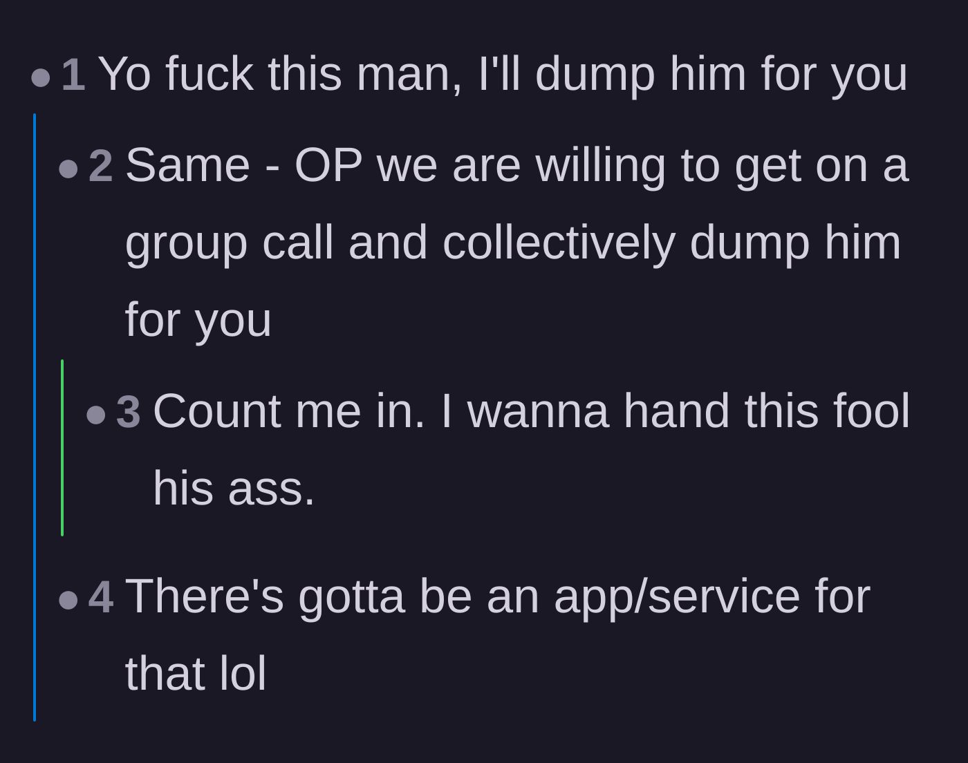 Comment thread 5 - Strangers offering to group call and dump the boyfriend on her behalf