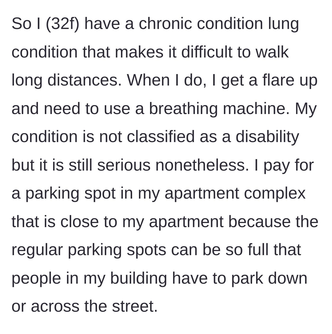 Story part 1 - Woman explaining her chronic lung condition and why she pays for a reserved, close-by parking spot.