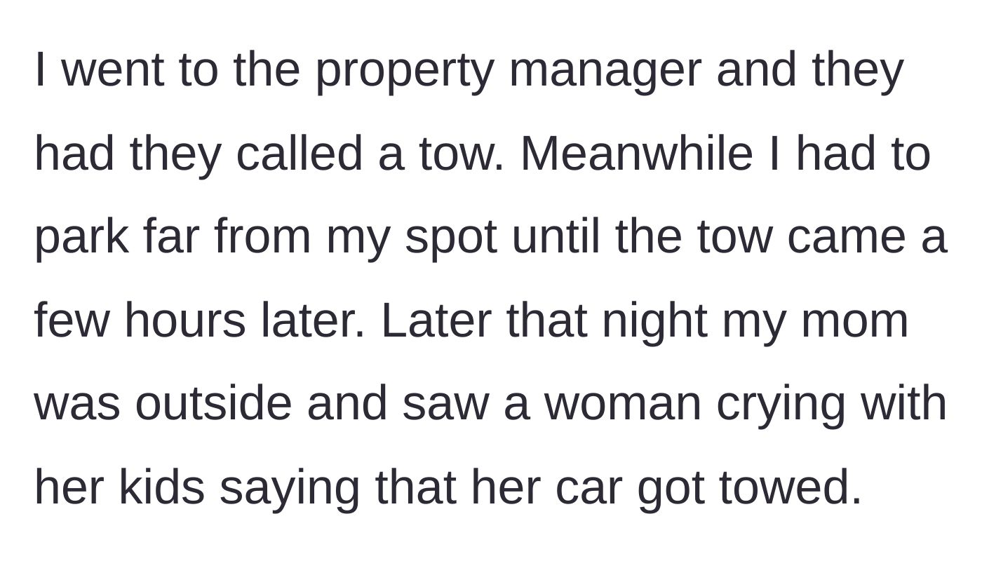 Story part 4 - Property manager finally calling the tow truck, and the main character's mother spotting the crying owner later that night.
