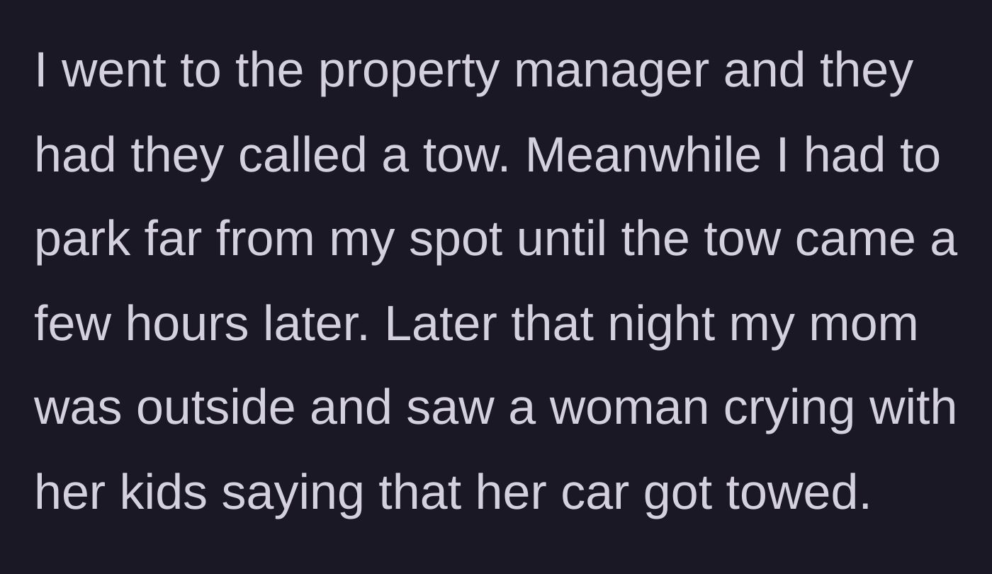 Story part 4 - Property manager finally calling the tow truck, and the main character's mother spotting the crying owner later that night.