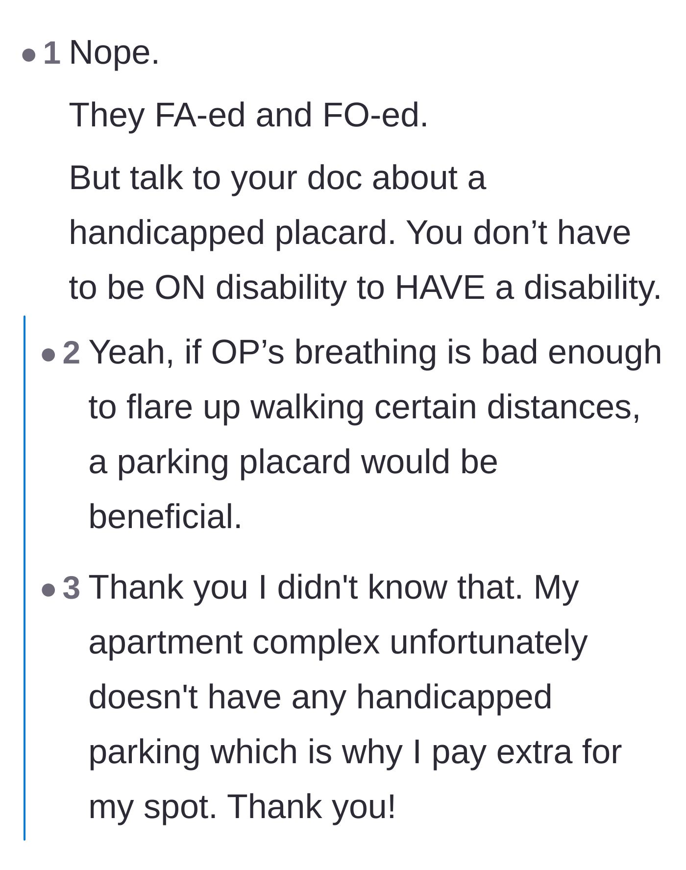 Comment thread 2 - Advice on how to legally get a handicap placard without being formally on disability.