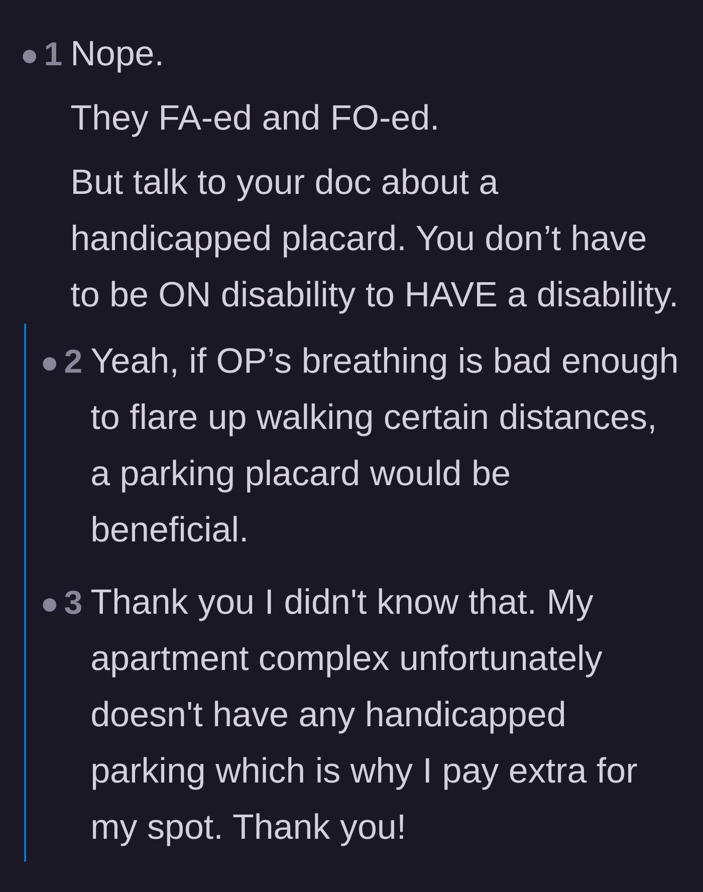 Comment thread 2 - Advice on how to legally get a handicap placard without being formally on disability.