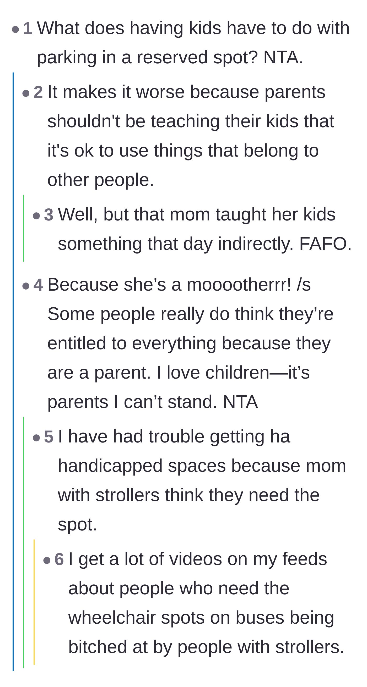 Comment thread 3 - A debate about how having children does not legally or morally entitle someone to a reserved space.