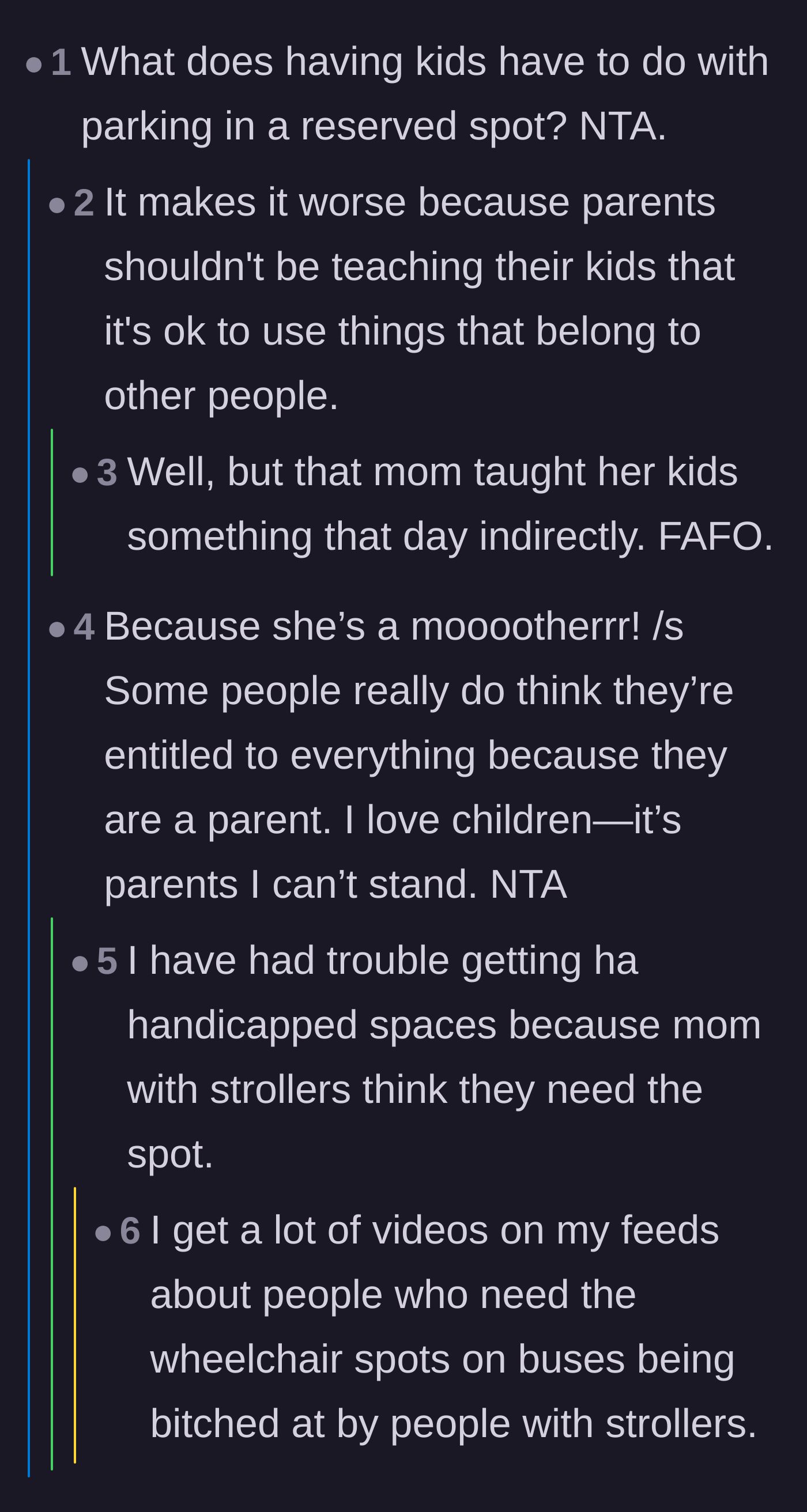 Comment thread 3 - A debate about how having children does not legally or morally entitle someone to a reserved space.