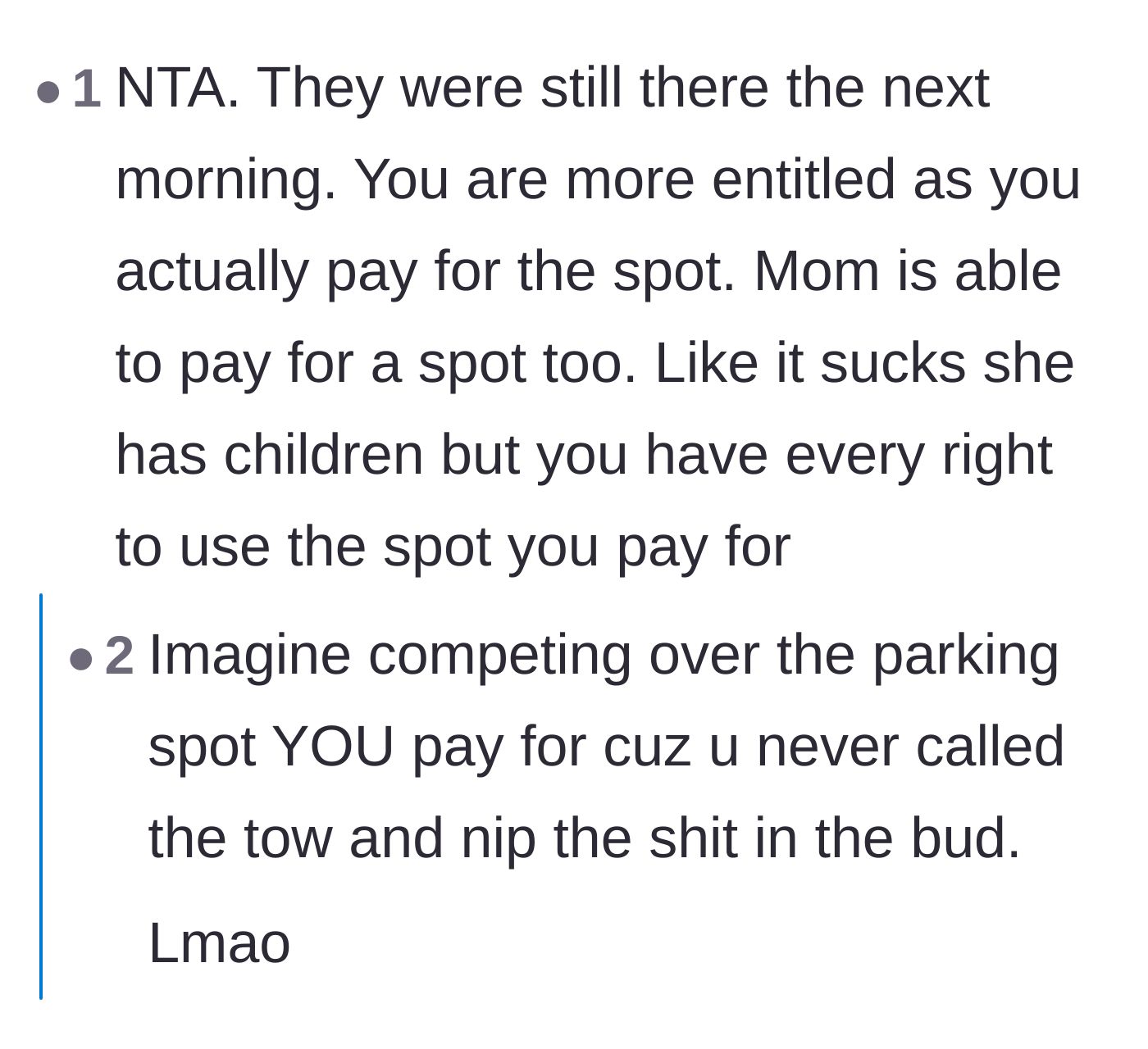 Comment thread 5 - Pointing out the pure audacity of competing with a stranger for a parking spot you actively pay rent for.