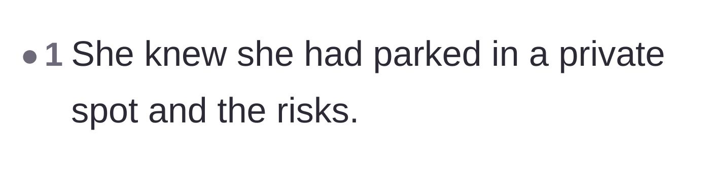 Comment thread 6 - A brief note stating that the stranger knew exactly what she was doing when she parked there.