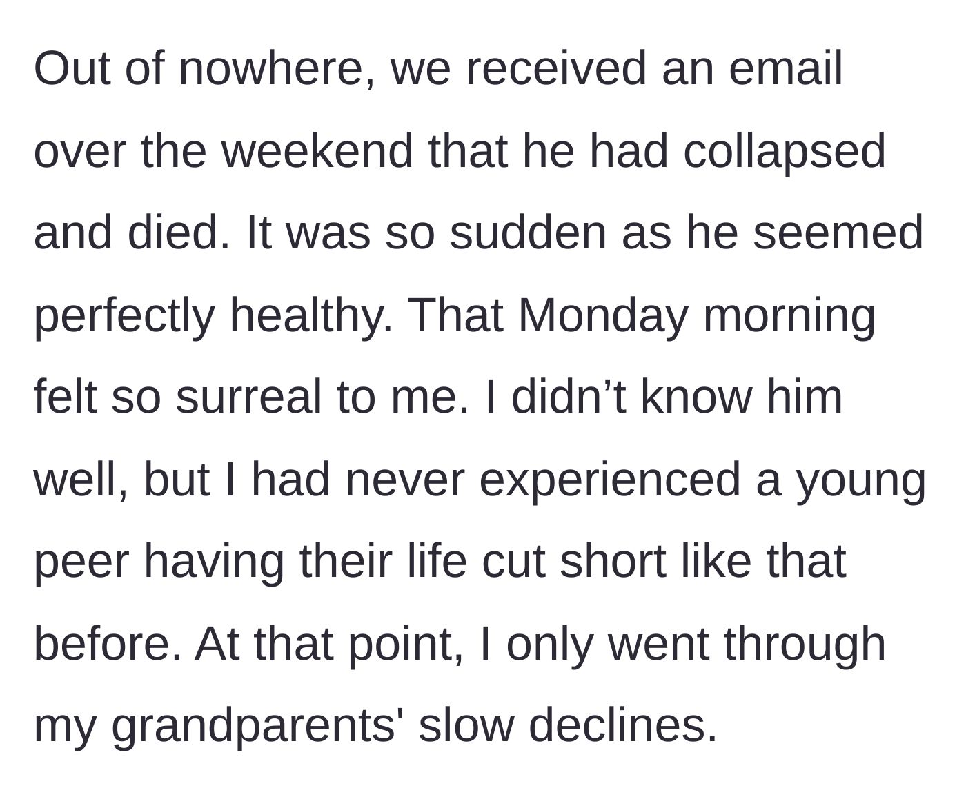 Story part 2 - An unexpected weekend email announcing the sudden death of the healthy coworker.
