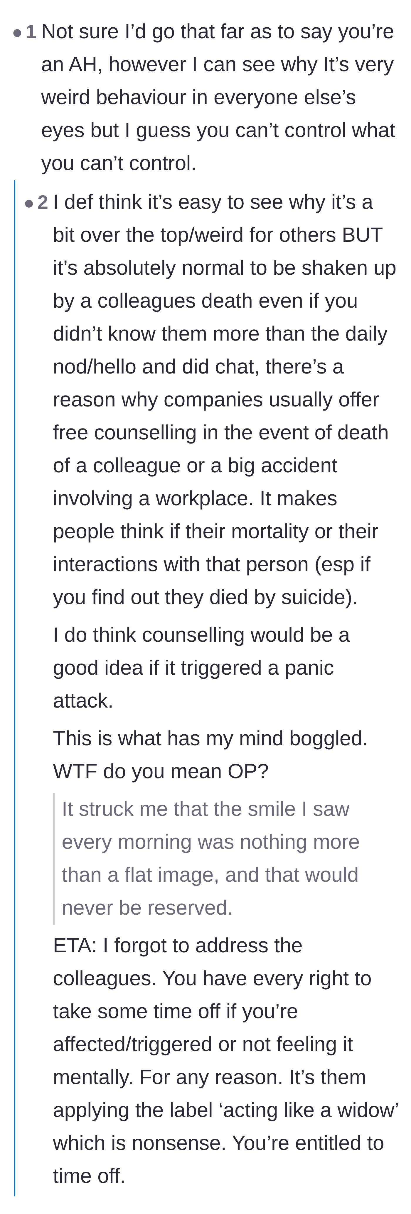 Comment thread 1 - Debate on why unexpected tragedy triggers existential panic and the validity of using PTO for mental health.