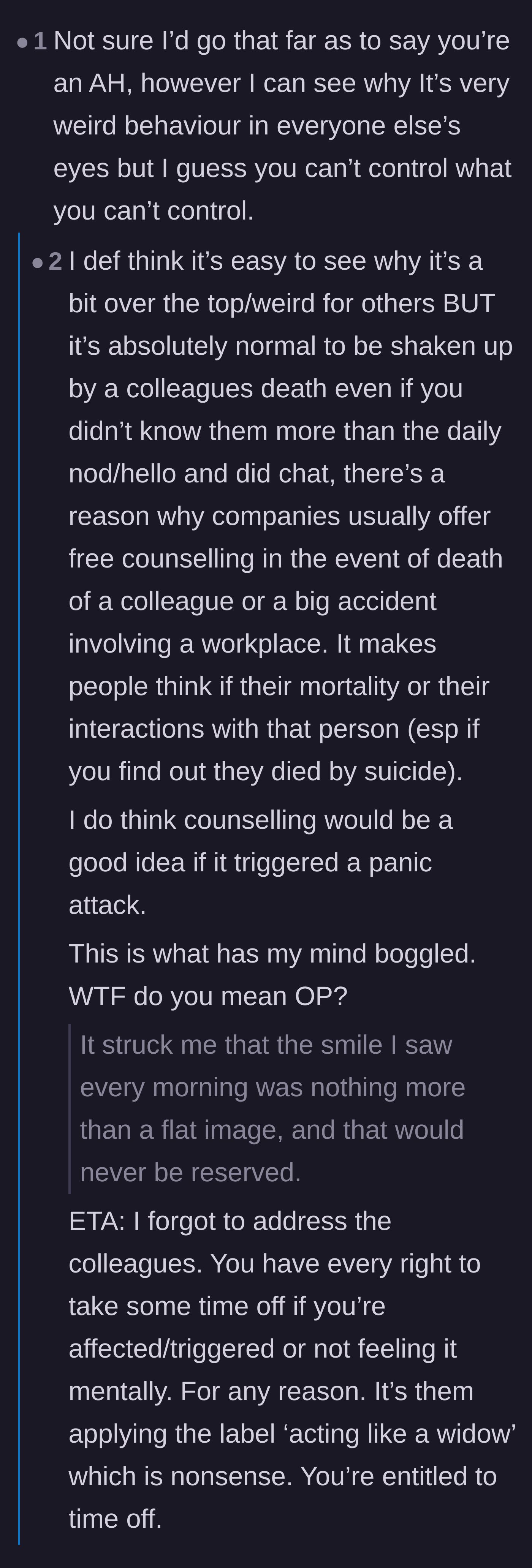 Comment thread 1 - Debate on why unexpected tragedy triggers existential panic and the validity of using PTO for mental health.