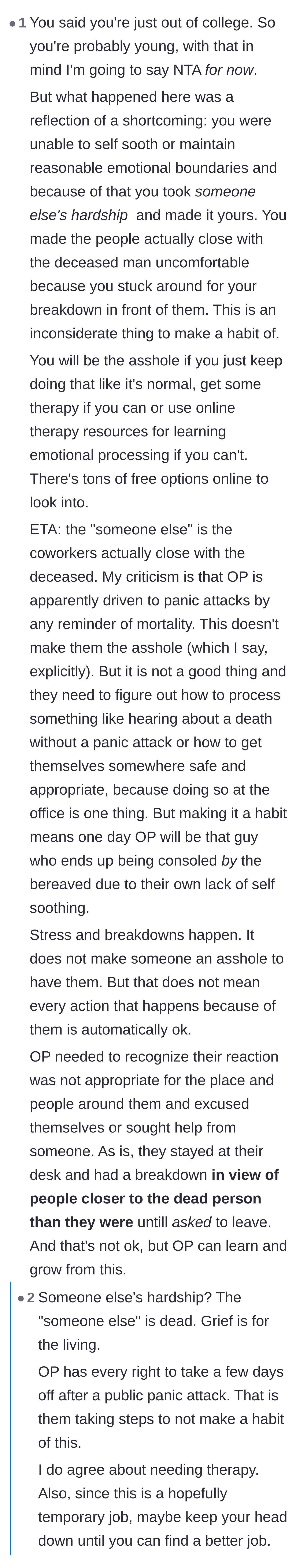 Comment thread 2 - Discussion on emotional boundaries, the necessity of self-soothing, and the optics of having a breakdown at work.