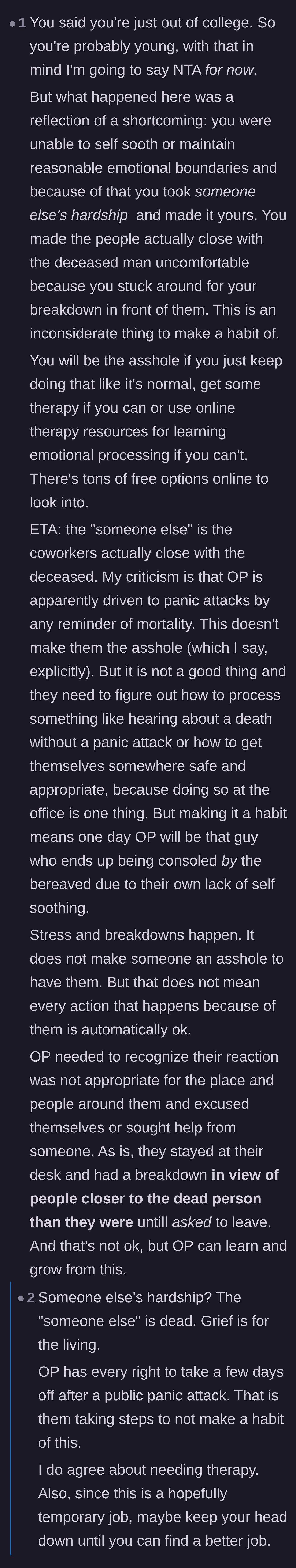 Comment thread 2 - Discussion on emotional boundaries, the necessity of self-soothing, and the optics of having a breakdown at work.