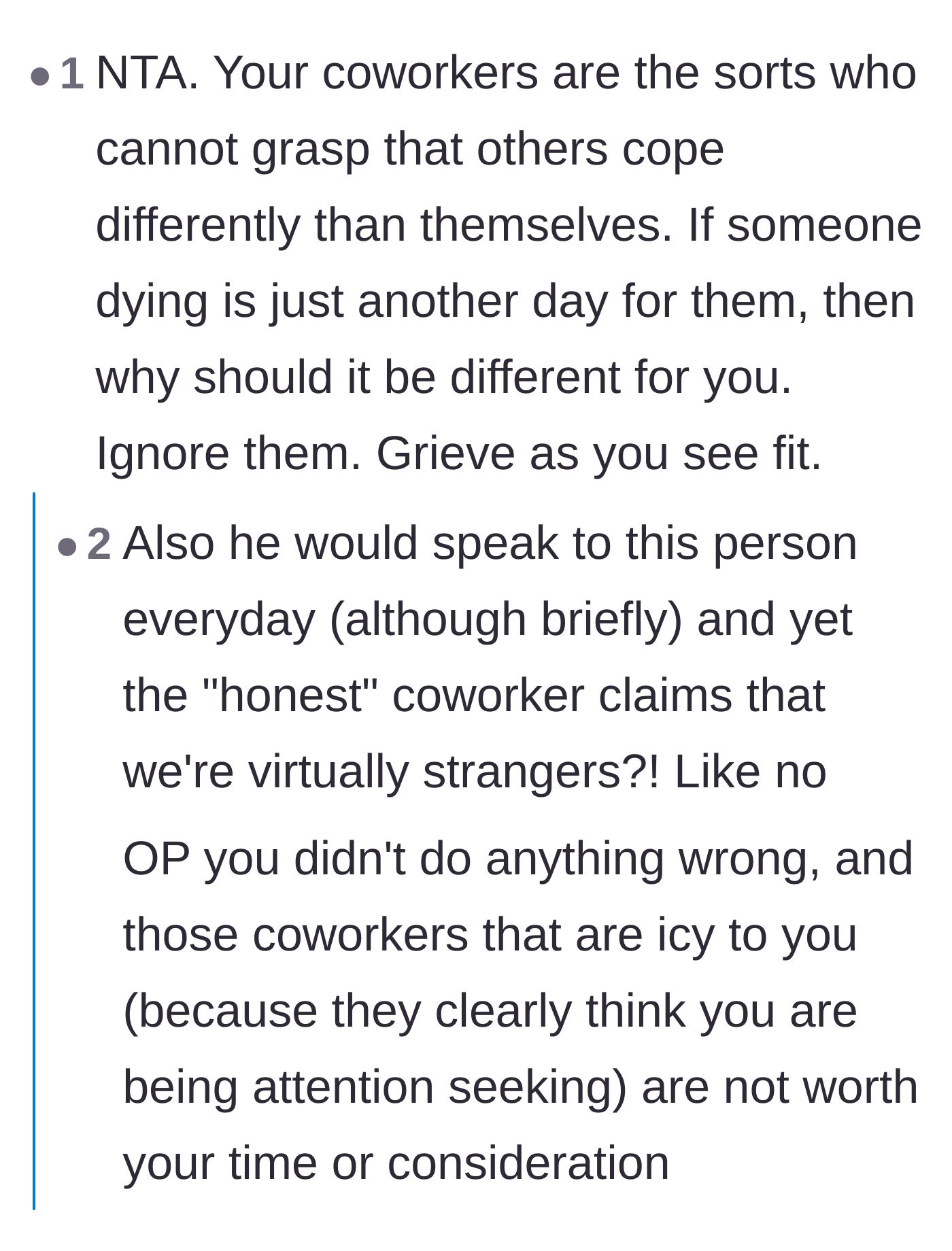 Comment thread 4 - Criticism of the coworkers' lack of emotional intelligence and their arbitrary rules on who counts as a stranger.