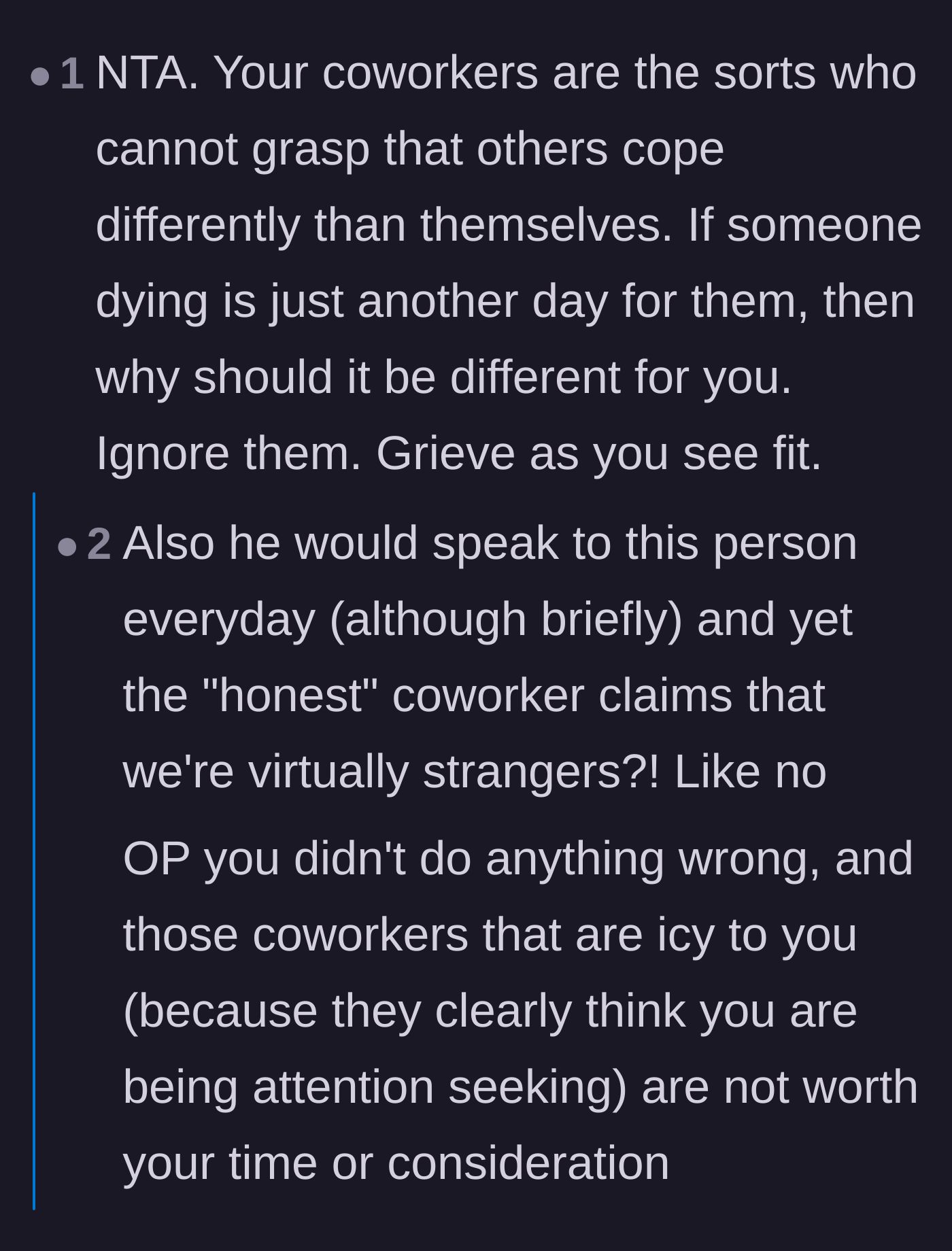 Comment thread 4 - Criticism of the coworkers' lack of emotional intelligence and their arbitrary rules on who counts as a stranger.