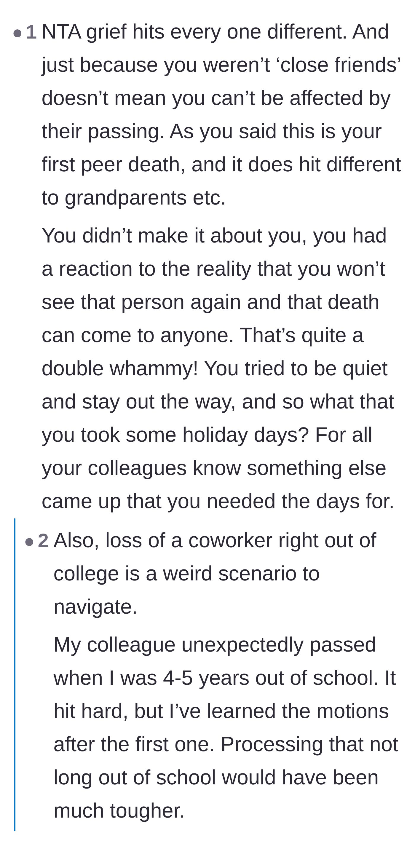 Comment thread 6 - Empathy for the unique shock of experiencing a peer's sudden death for the first time right out of college.
