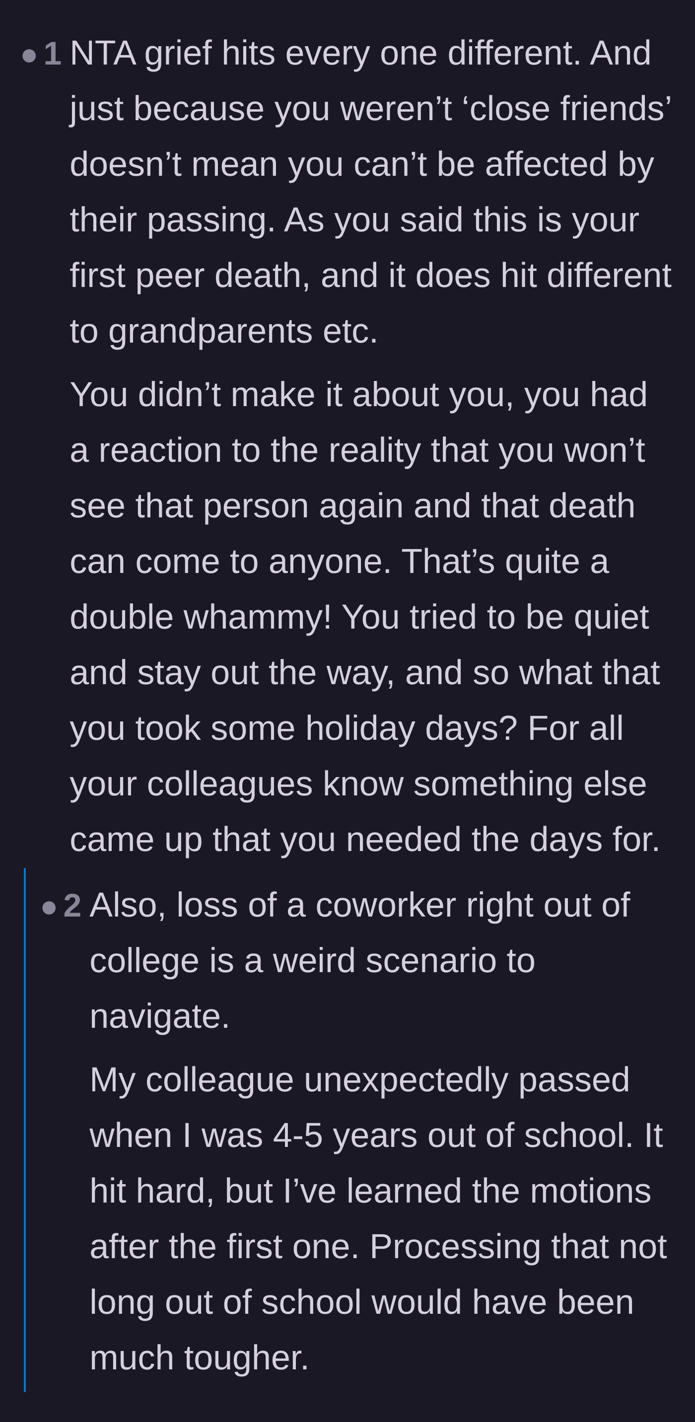 Comment thread 6 - Empathy for the unique shock of experiencing a peer's sudden death for the first time right out of college.
