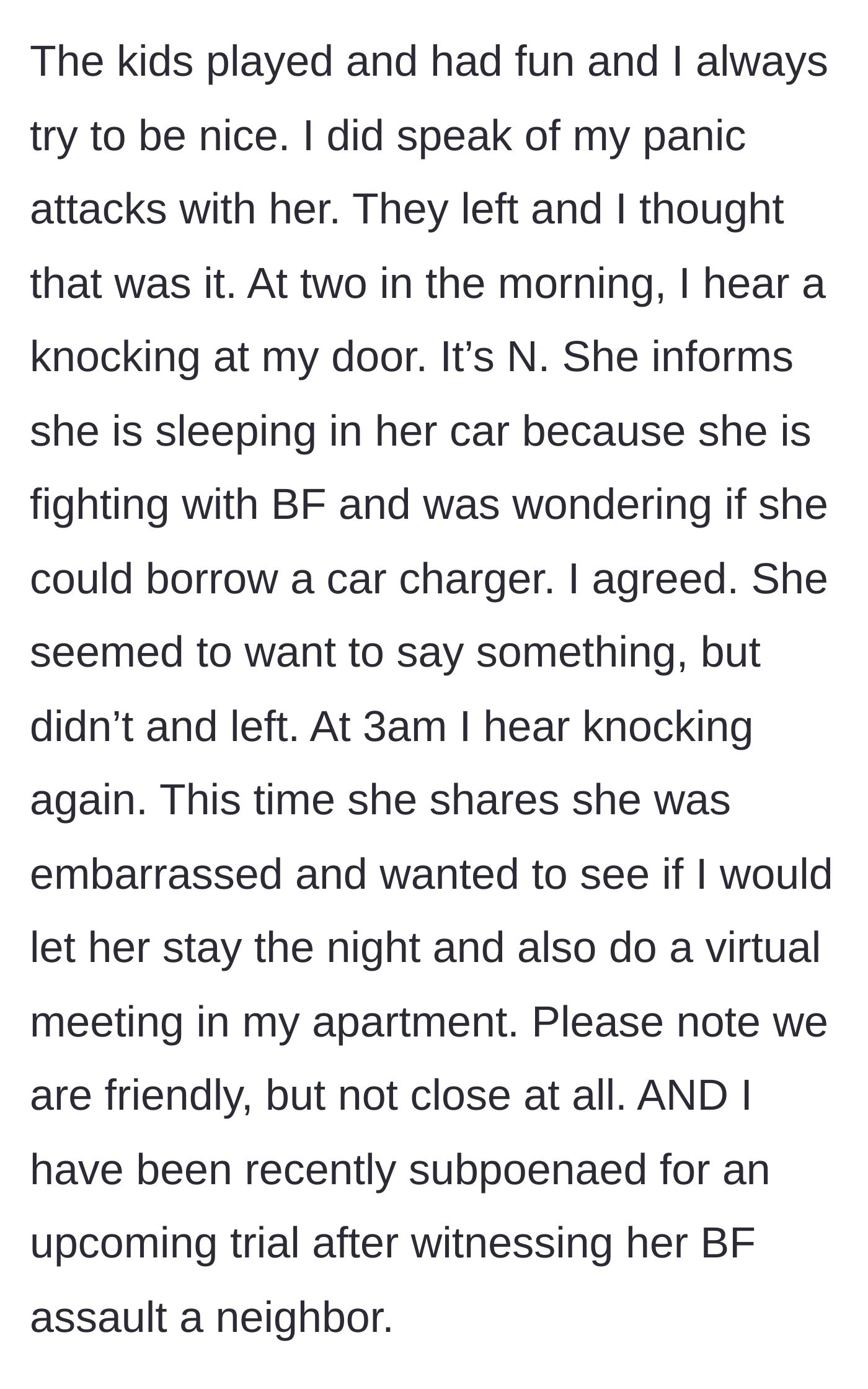 Story part 3 - The pregnant neighbor knocks at 2 AM for a charger, then returns at 3 AM asking to sleep over and use the apartment for a meeting.