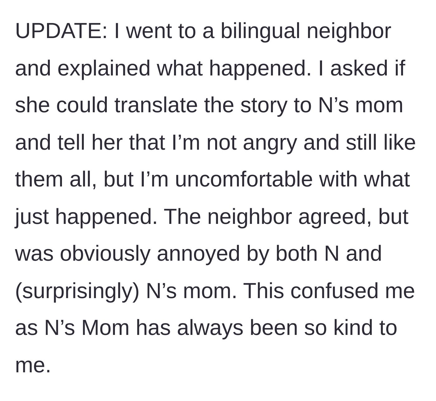 Story part 5 - The narrator brings a bilingual neighbor to translate a polite explanation to the pregnant woman's mother.