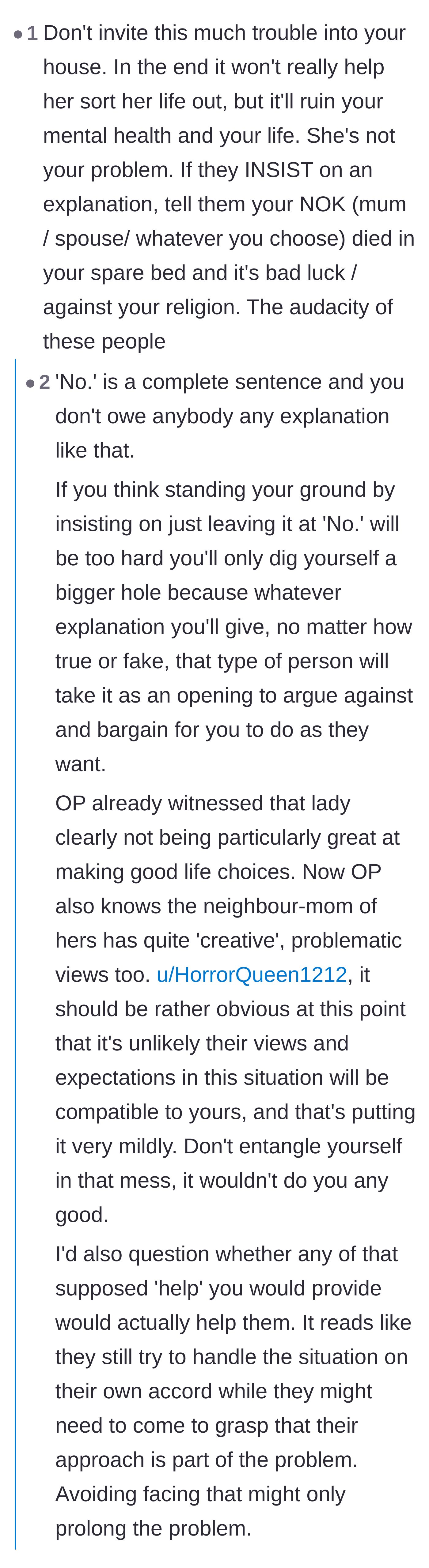 Comment thread 3 - A debate on whether to give an excuse or just firmly say no to the neighbor's demands.