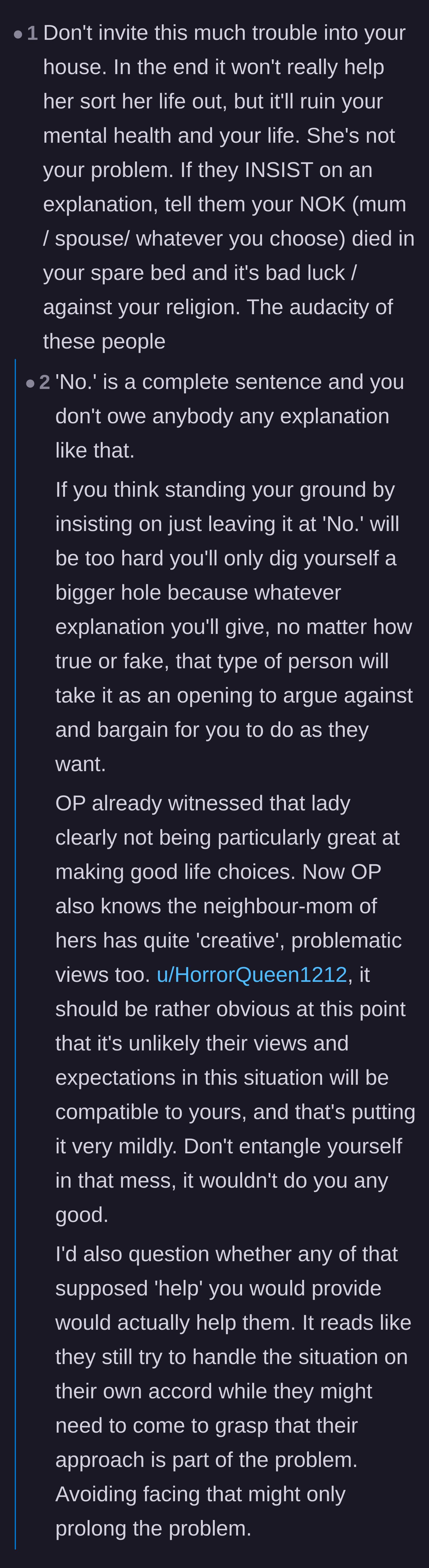Comment thread 3 - A debate on whether to give an excuse or just firmly say no to the neighbor's demands.