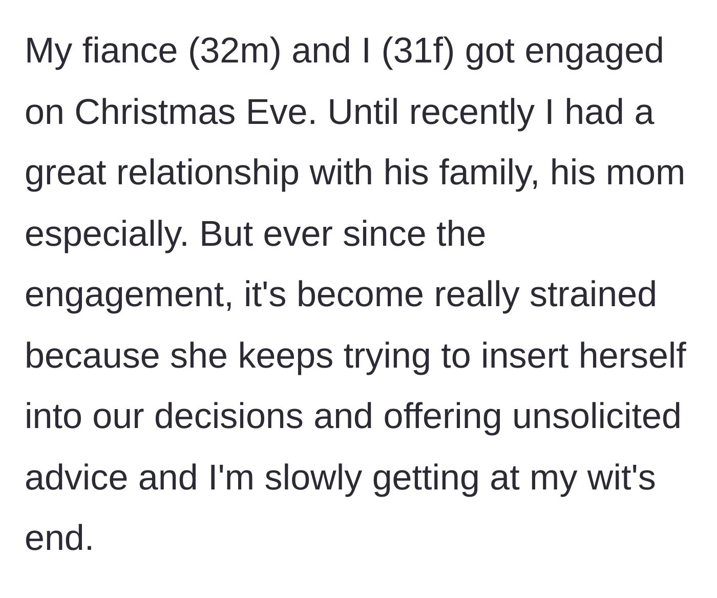 Story part 1 - A happy newly engaged couple suddenly overshadowed by a looming, overly involved mother-in-law figure.