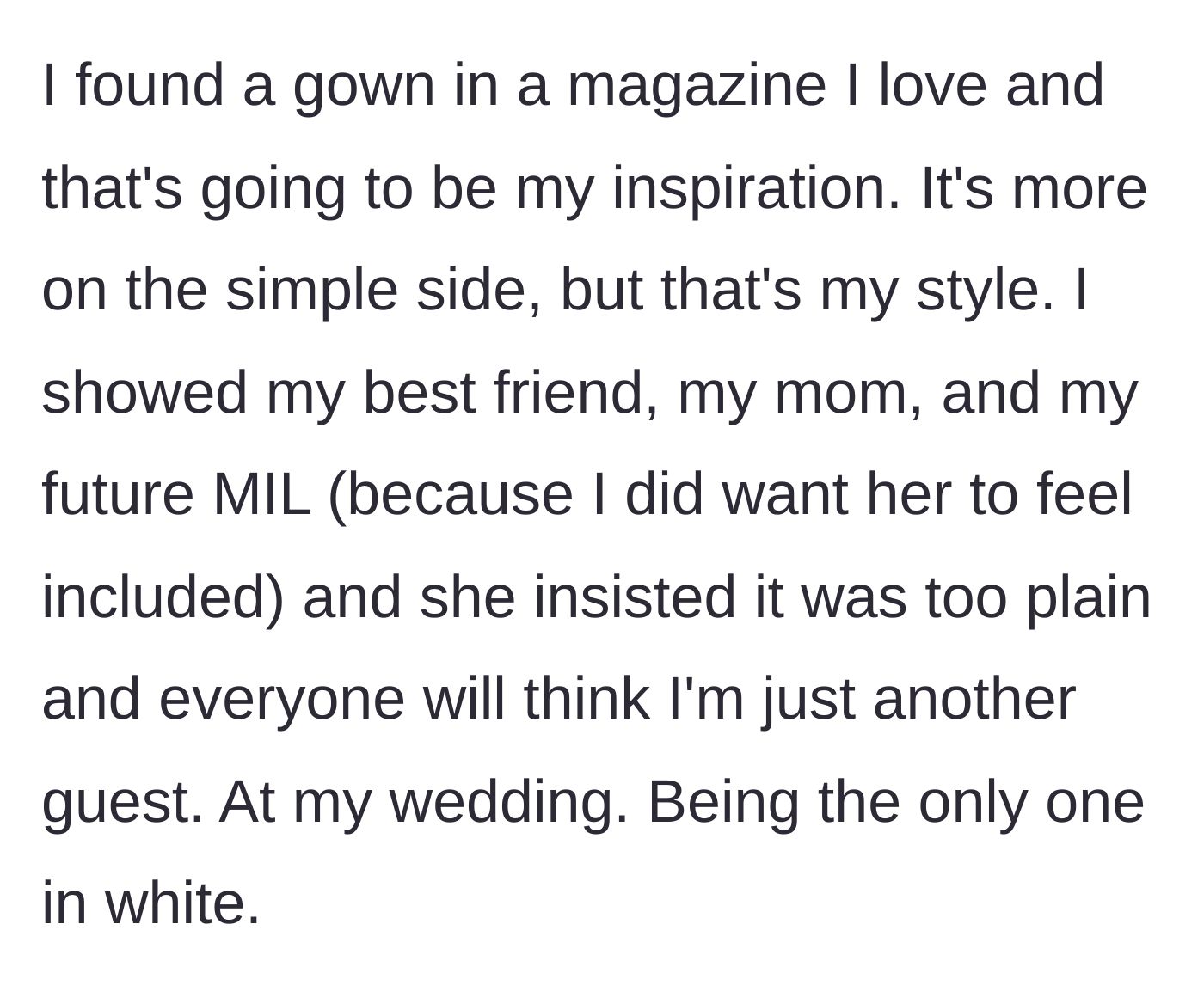Story part 3 - A beautiful, simple white wedding dress being side-eyed by a judgmental older woman.