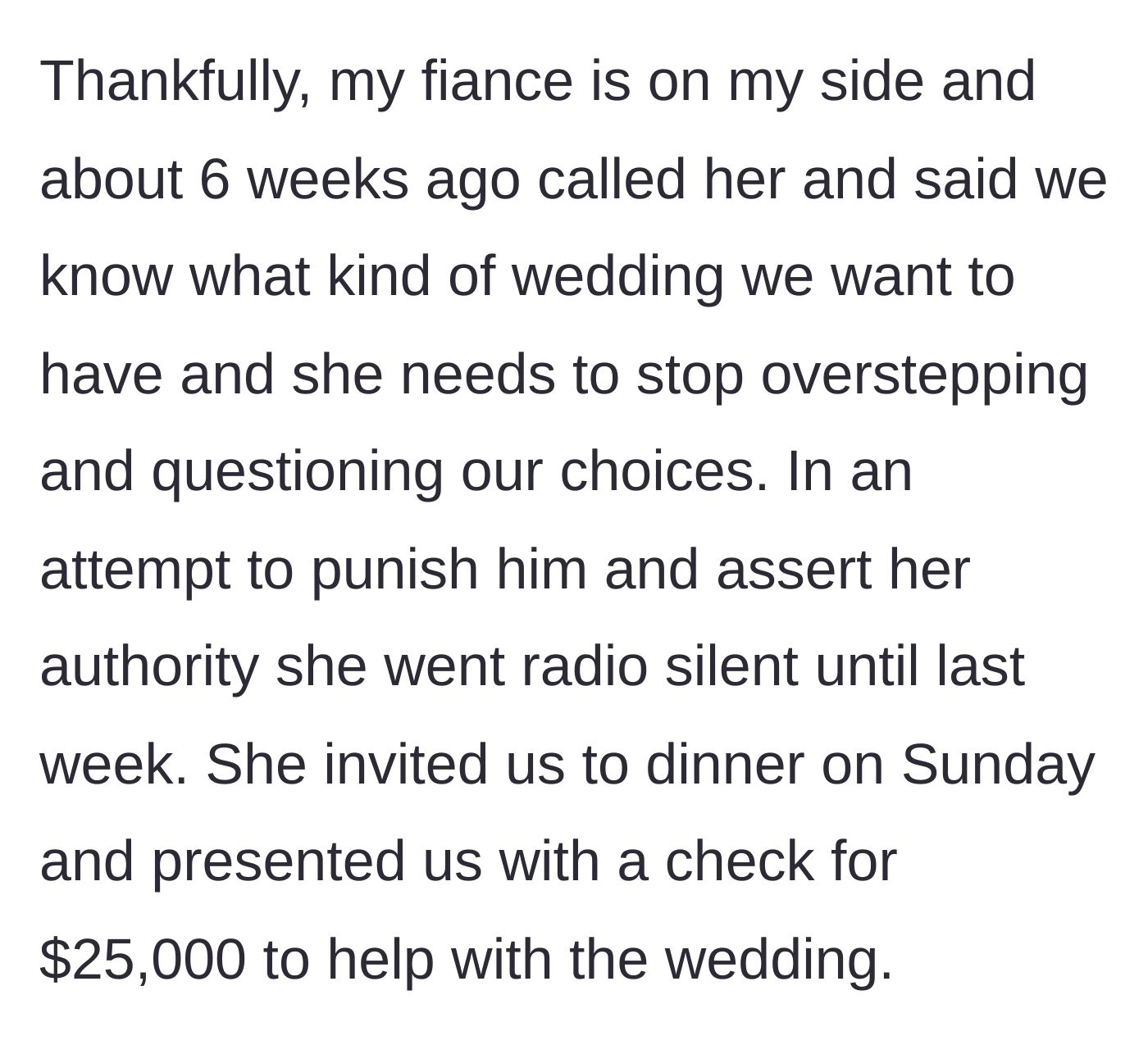 Story part 5 - A tense dinner table where a mother hands a massive $25,000 check to a shocked couple.