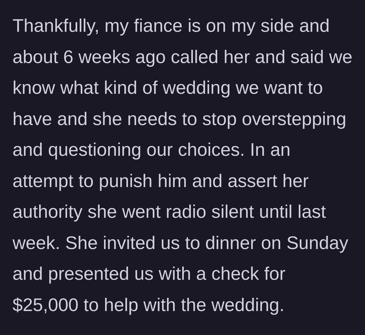 Story part 5 - A tense dinner table where a mother hands a massive $25,000 check to a shocked couple.