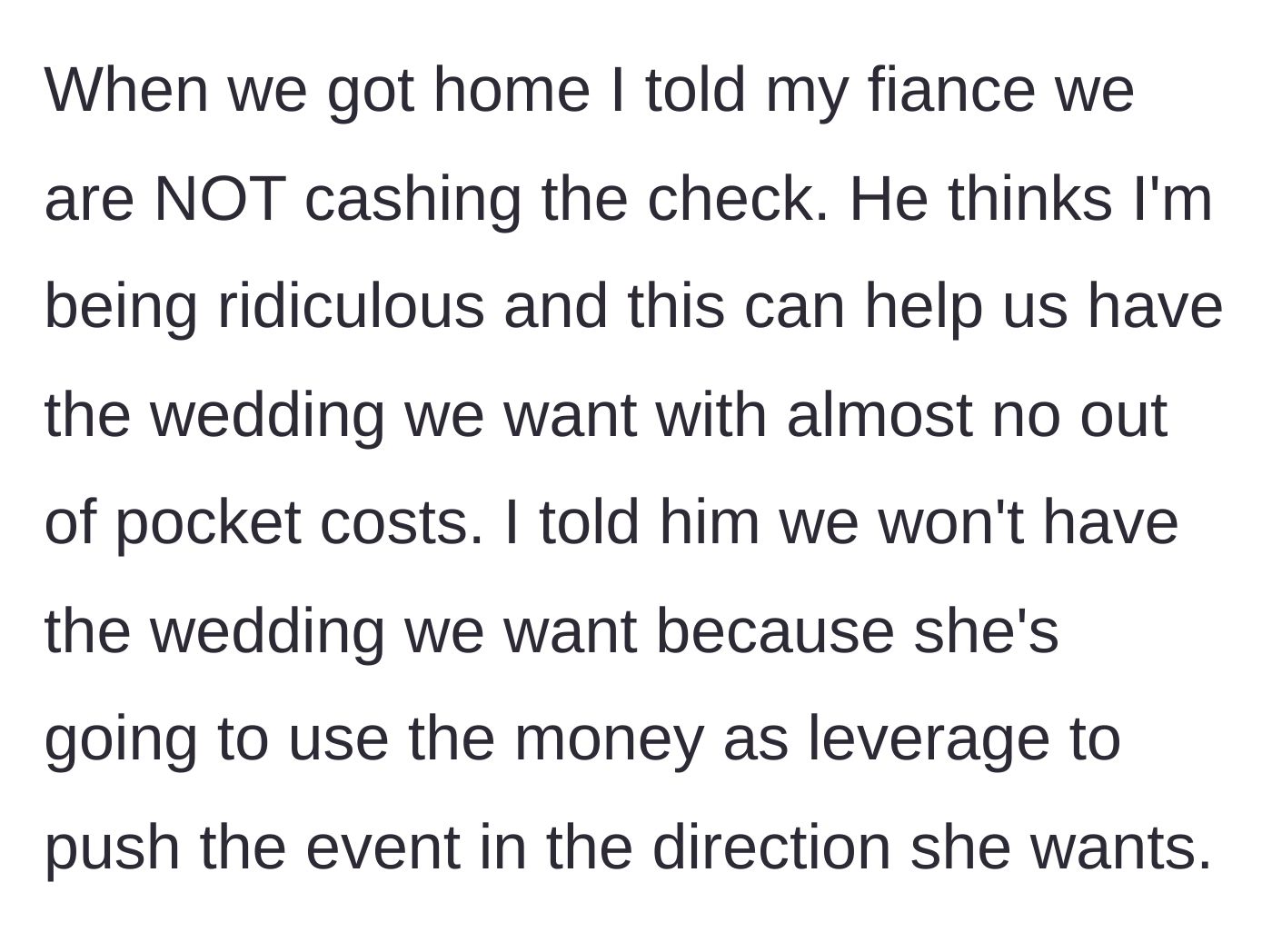 Story part 6 - A frustrated bride arguing with her fiancé over a giant, glowing check sitting on the counter.