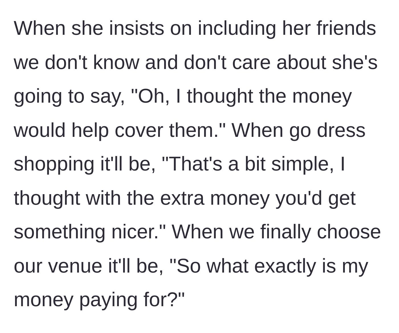 Story part 7 - Thought bubbles showing the mother-in-law using the check like puppet strings to control the dresses, guests, and venue.