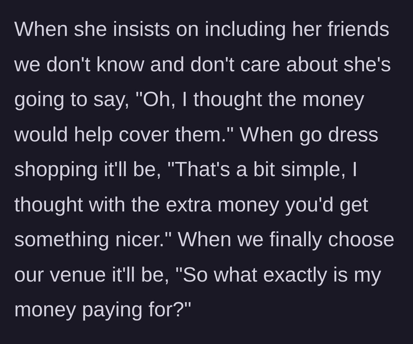 Story part 7 - Thought bubbles showing the mother-in-law using the check like puppet strings to control the dresses, guests, and venue.