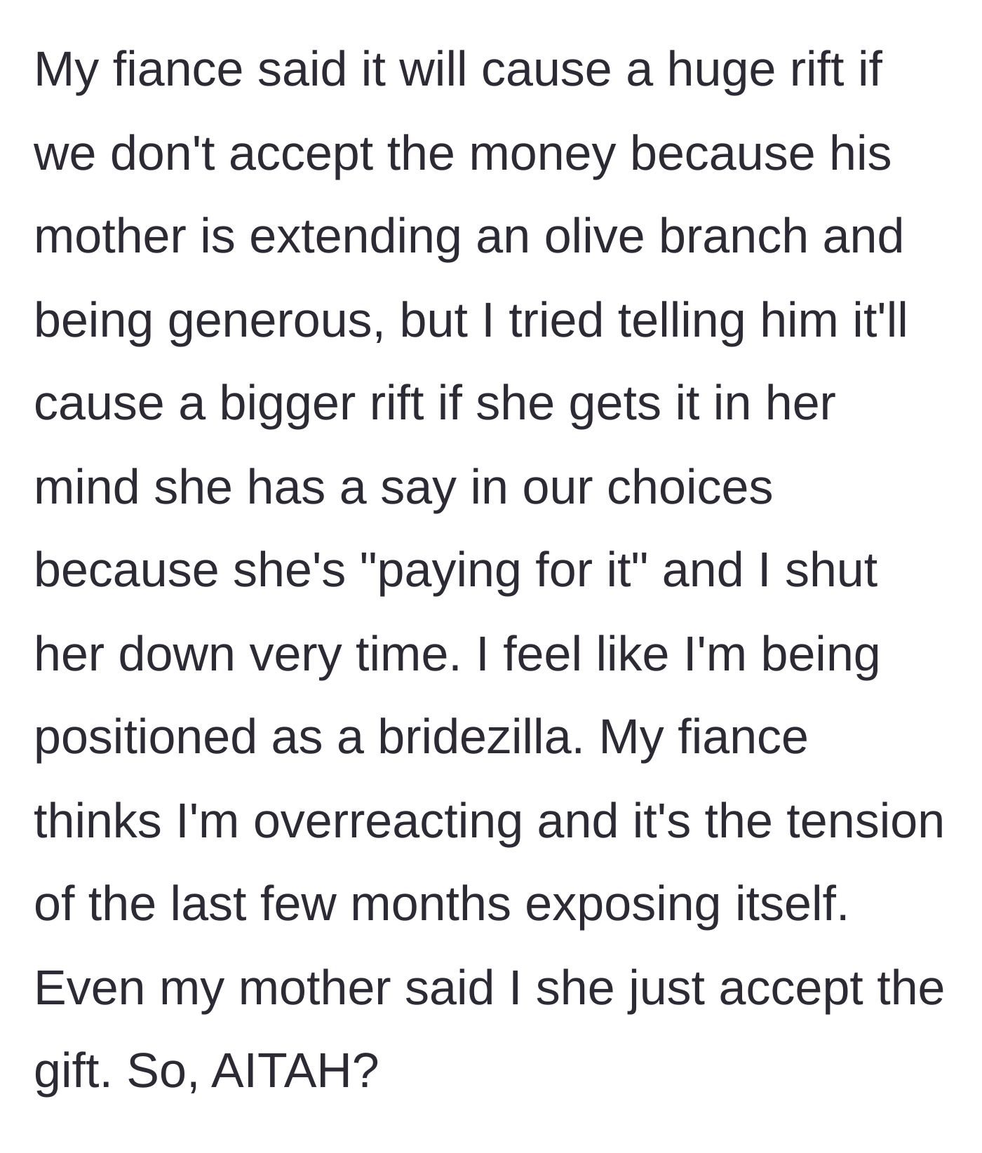 Story part 8 - A stressed bride holding her head in her hands while everyone, including her own mother, points at her to take the money.