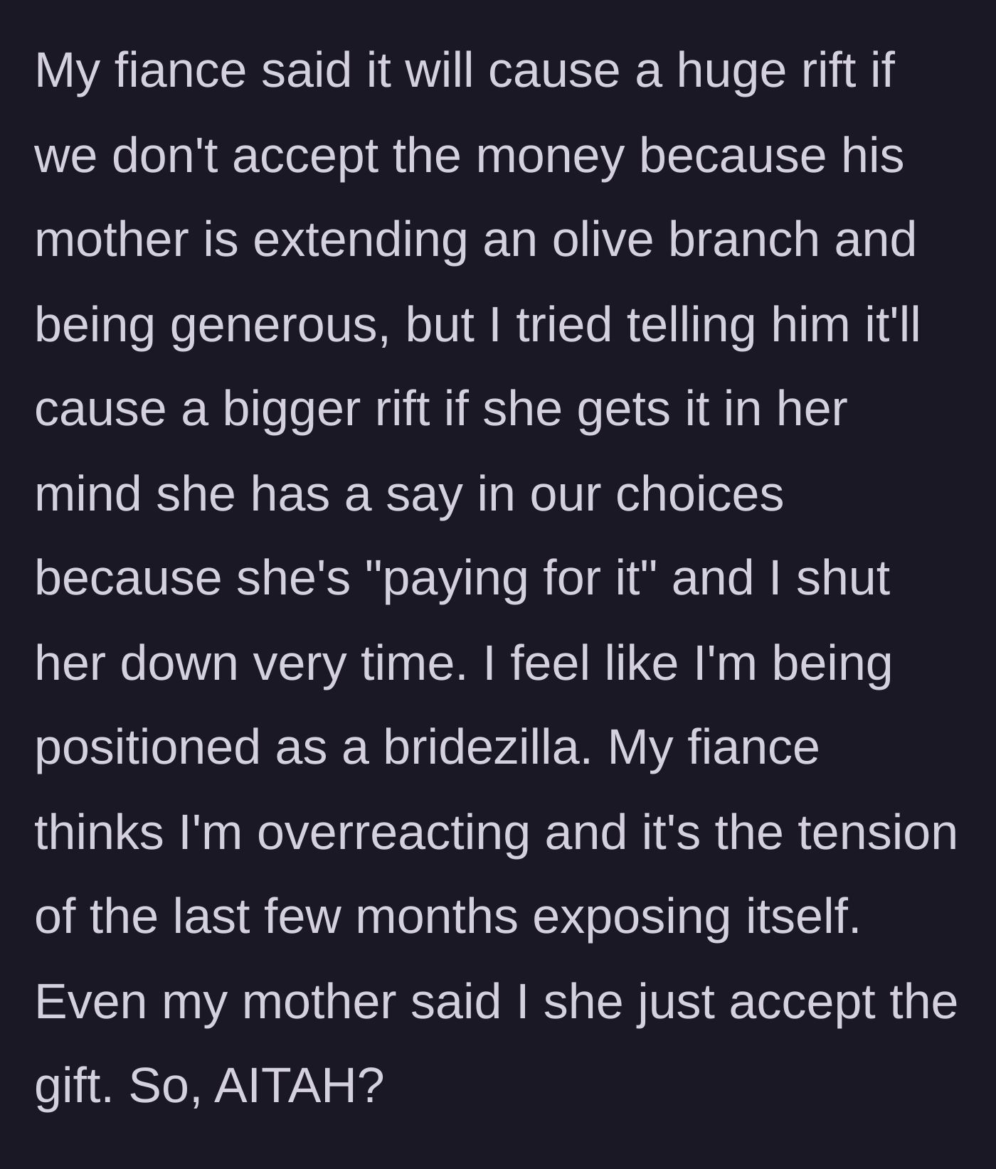 Story part 8 - A stressed bride holding her head in her hands while everyone, including her own mother, points at her to take the money.