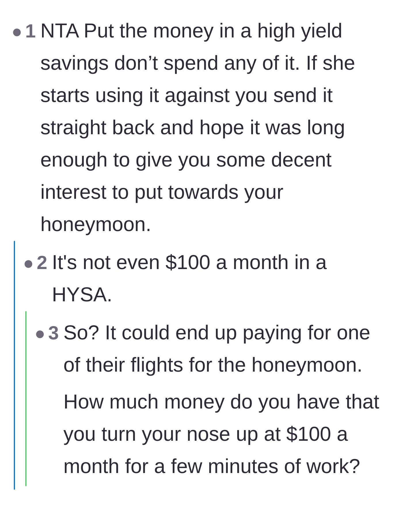 Comment thread 3 - A debate over whether the monthly interest from stashing the check in a high-yield savings account is worth the drama.