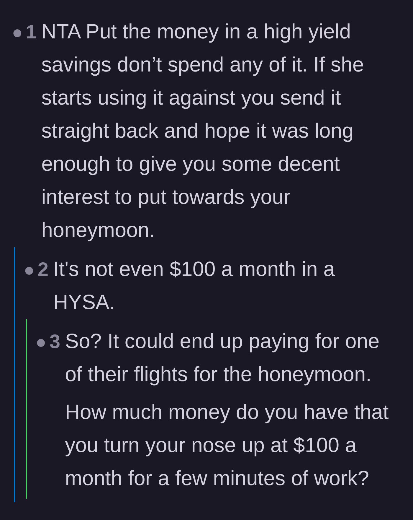 Comment thread 3 - A debate over whether the monthly interest from stashing the check in a high-yield savings account is worth the drama.