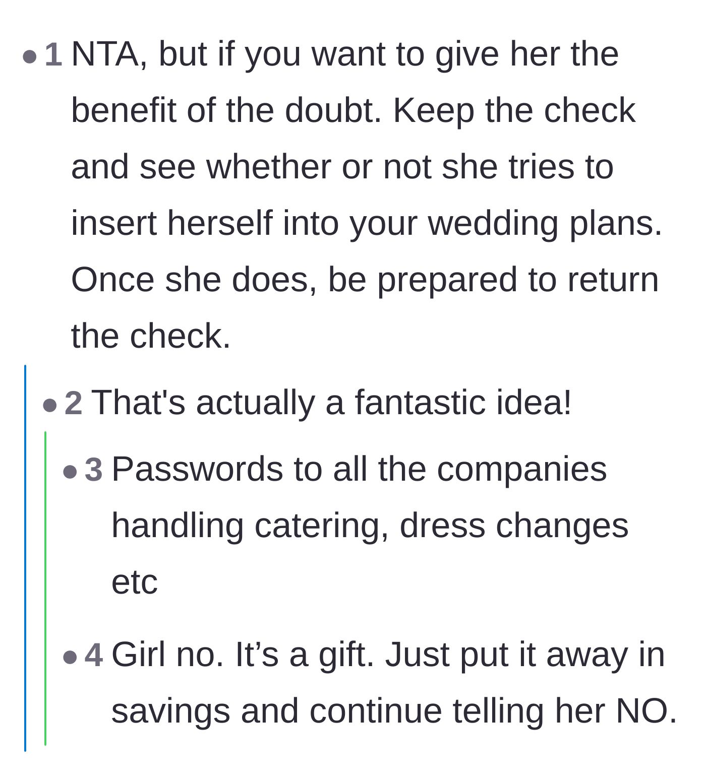 Comment thread 4 - Advice on holding the check as a test and protecting vendor accounts with passwords to prevent sabotage.