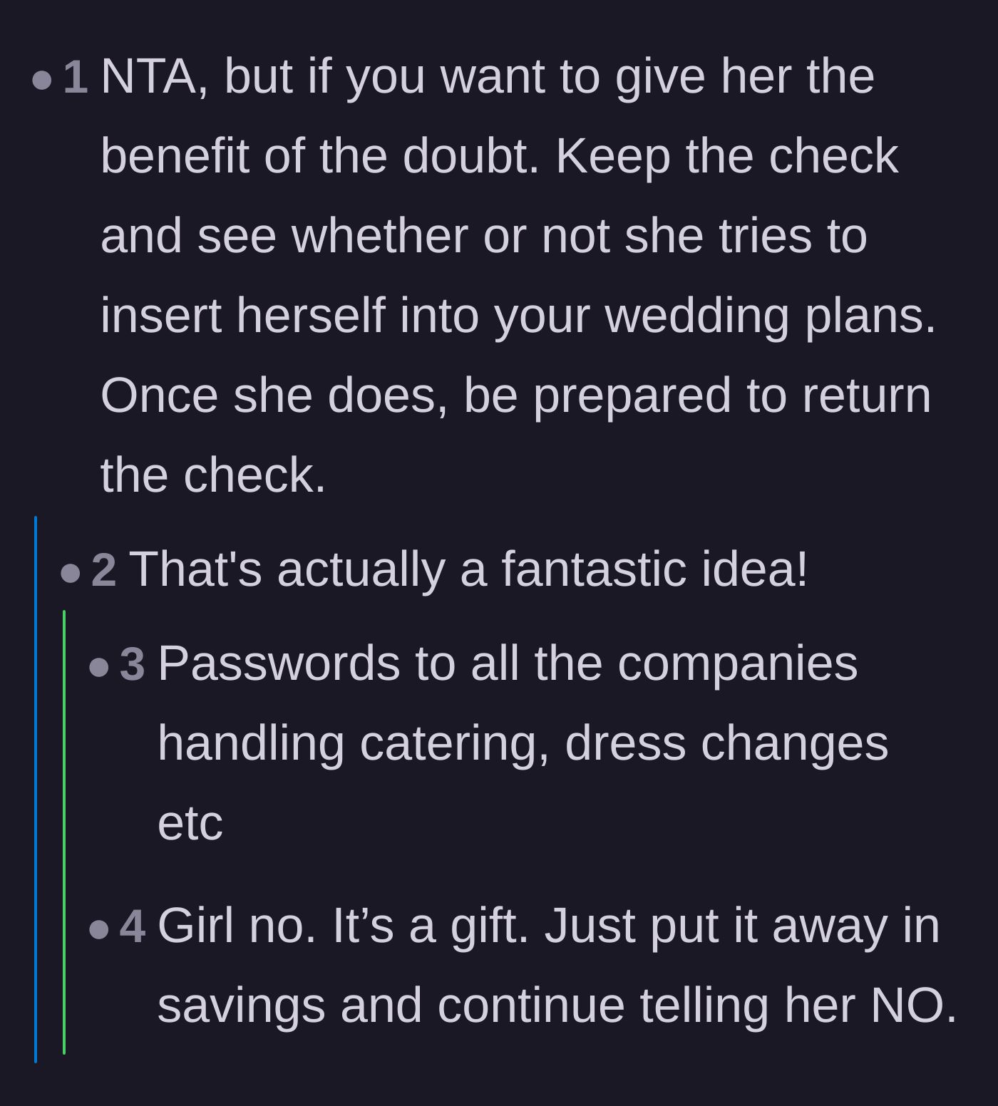 Comment thread 4 - Advice on holding the check as a test and protecting vendor accounts with passwords to prevent sabotage.