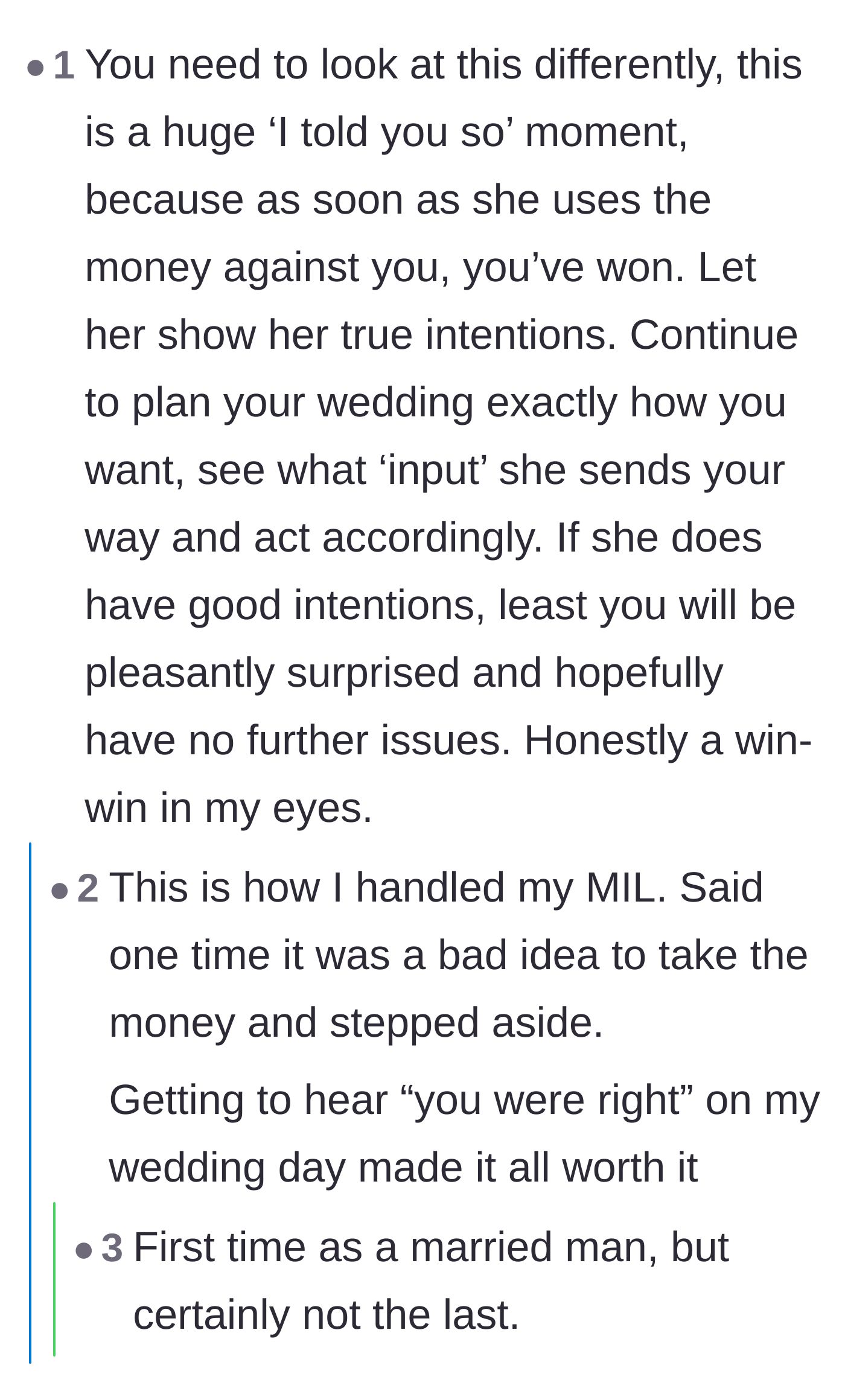 Comment thread 5 - A discussion about letting the fiancé learn his lesson the hard way to secure a massive 'I told you so' moment.