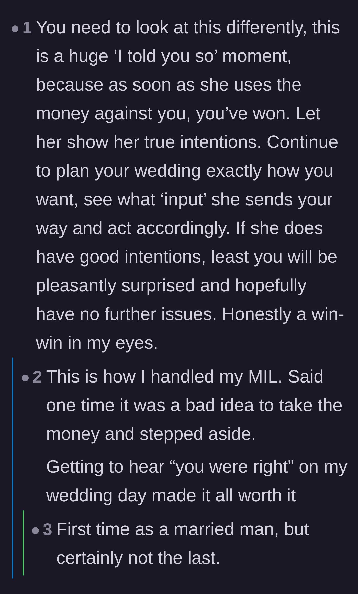 Comment thread 5 - A discussion about letting the fiancé learn his lesson the hard way to secure a massive 'I told you so' moment.