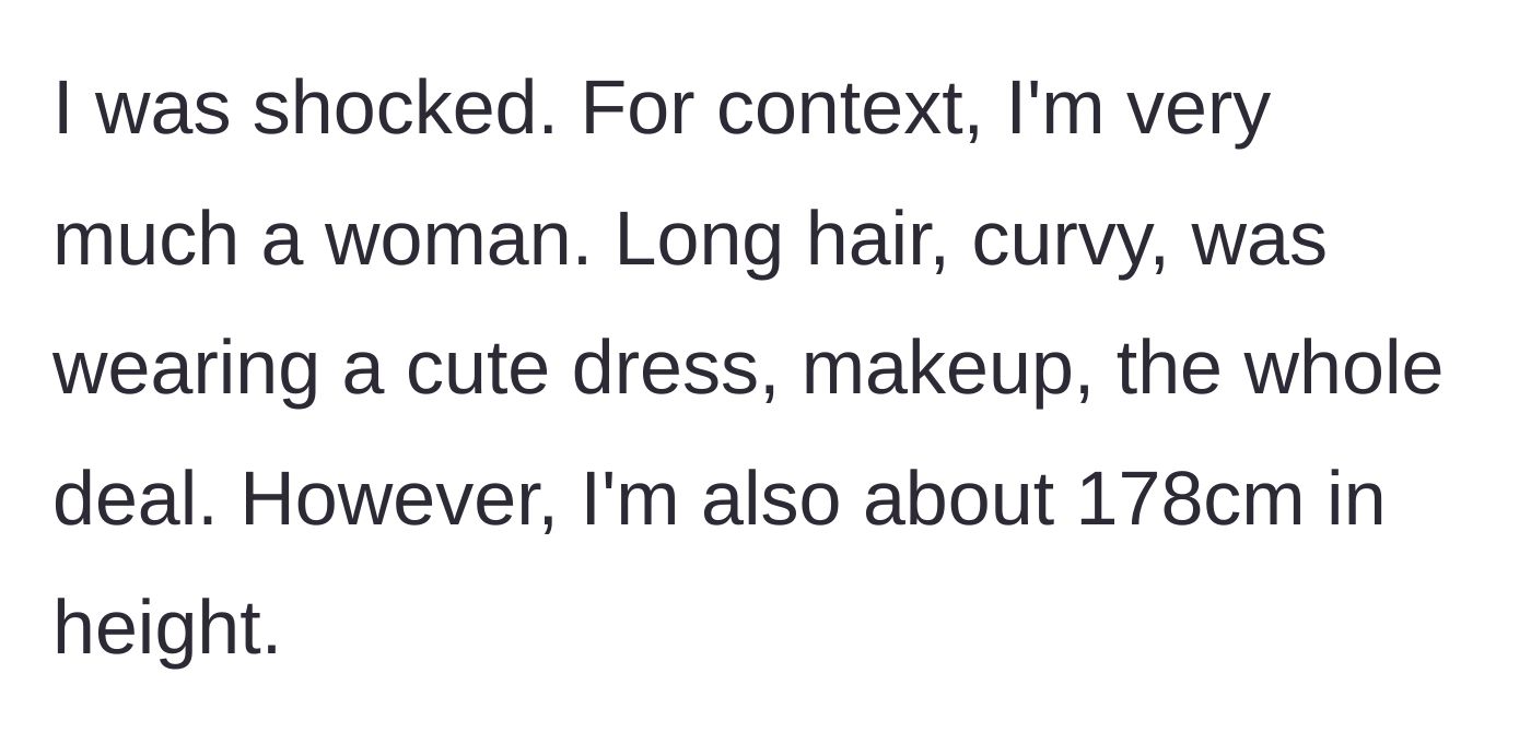 Story part 2 - The author describes her feminine appearance and above-average height.