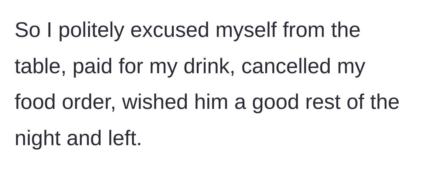 Story part 4 - The author pays for her drink, cancels her food, and leaves the restaurant.