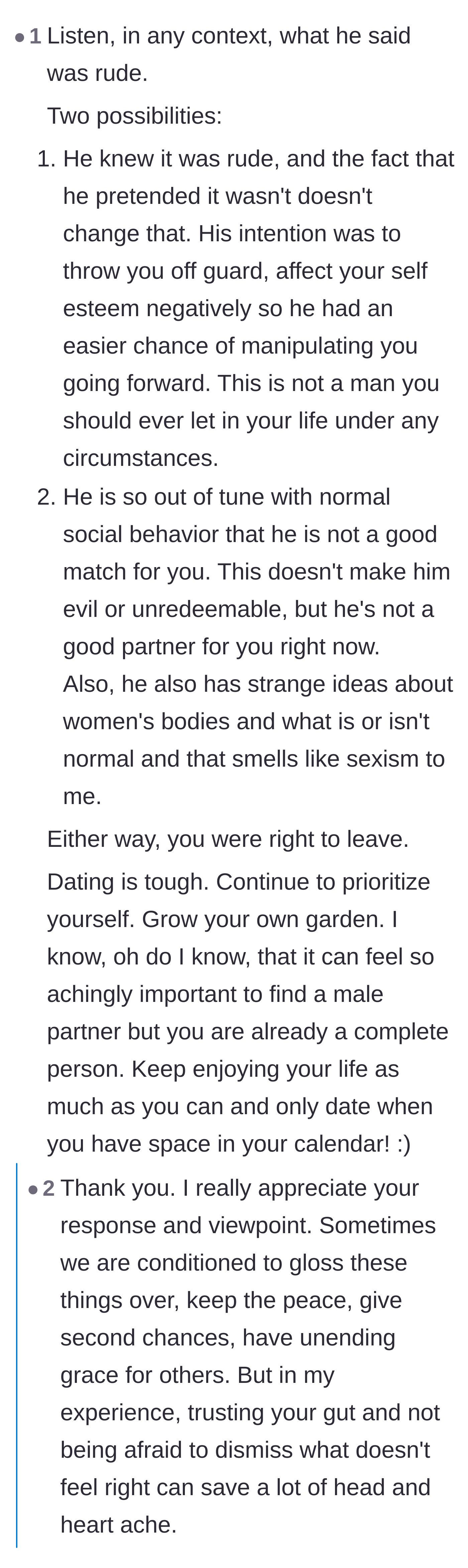 Comment thread 1 - A breakdown of the date's potential motives and a reminder to prioritize self-respect.
