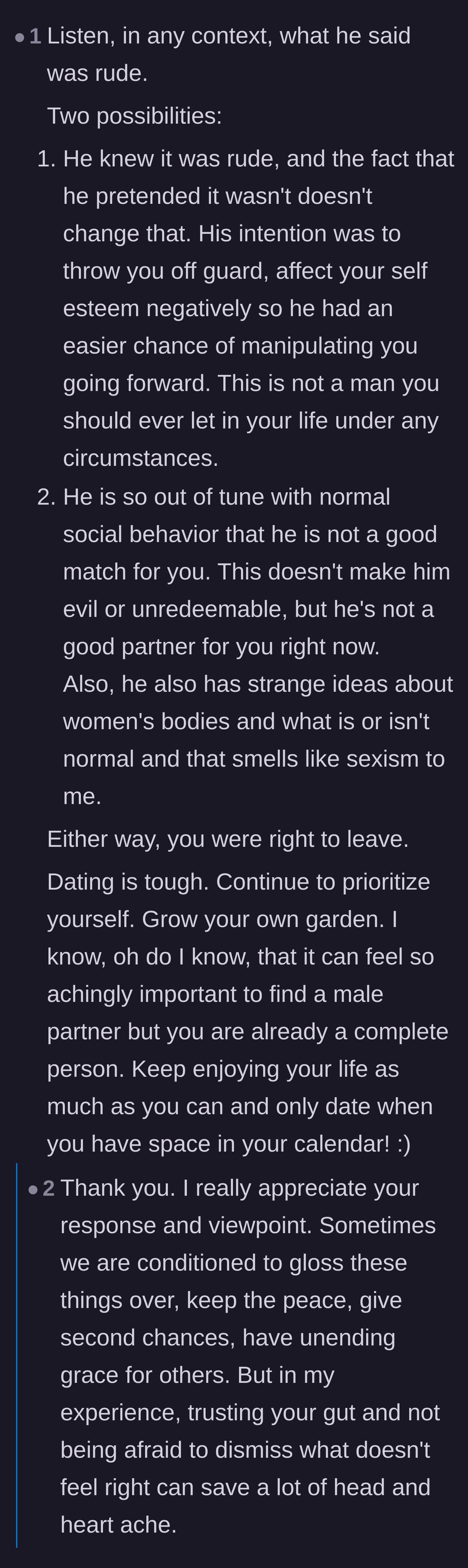 Comment thread 1 - A breakdown of the date's potential motives and a reminder to prioritize self-respect.